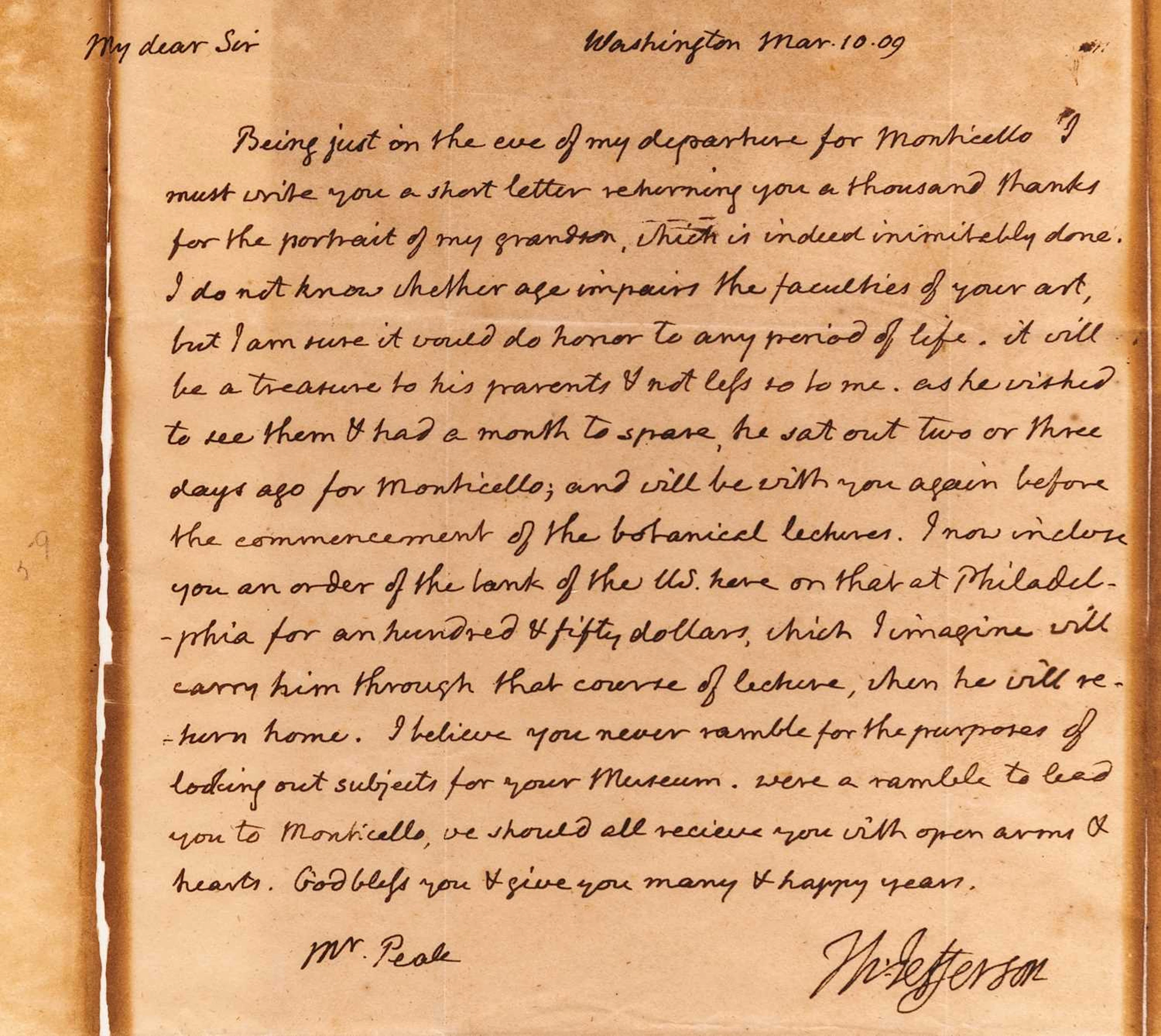 An extraordinary letter from Thomas Jefferson to Charles Willson Peale