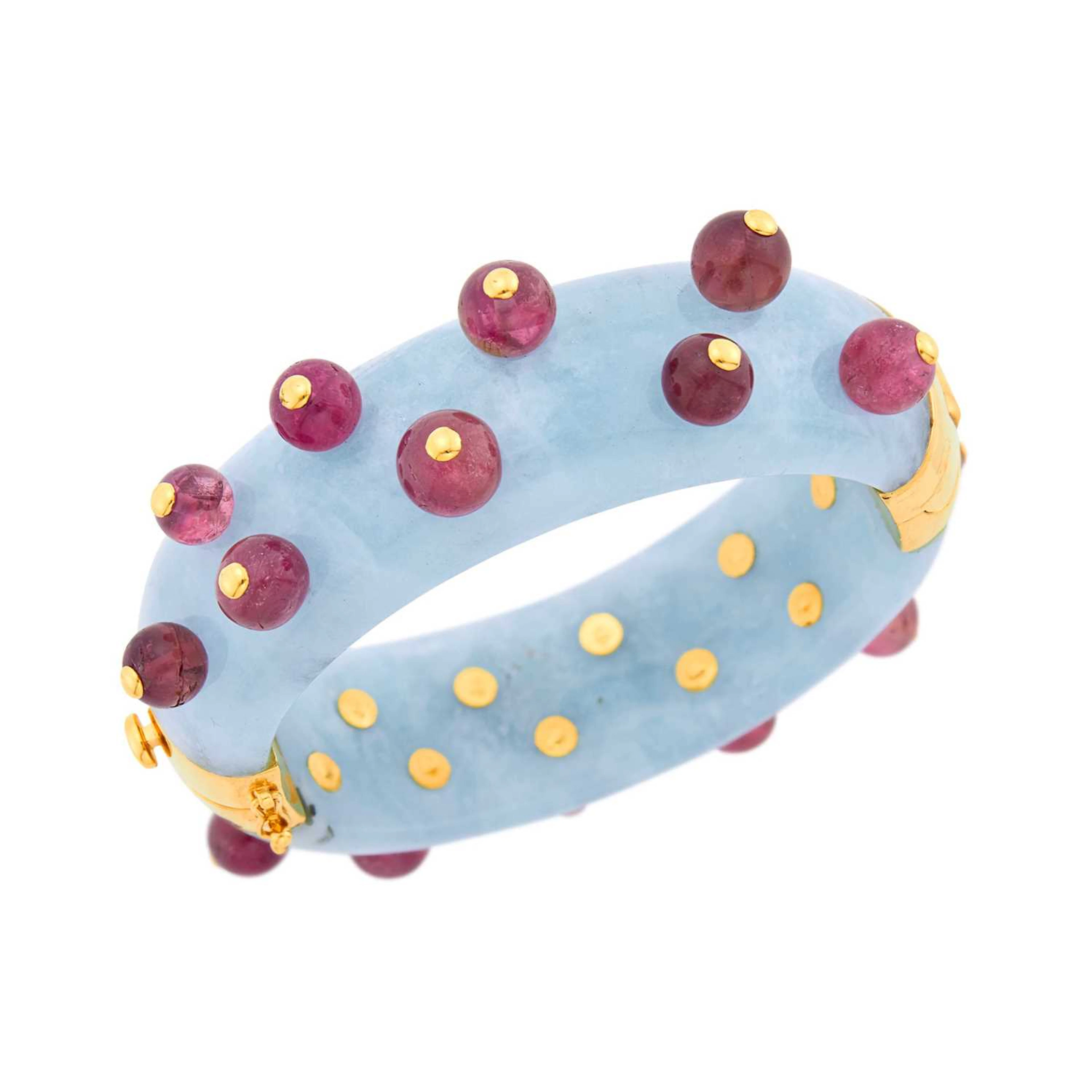 Aquamarine, Pink Tourmaline Bead and Gold Bangle Bracelet