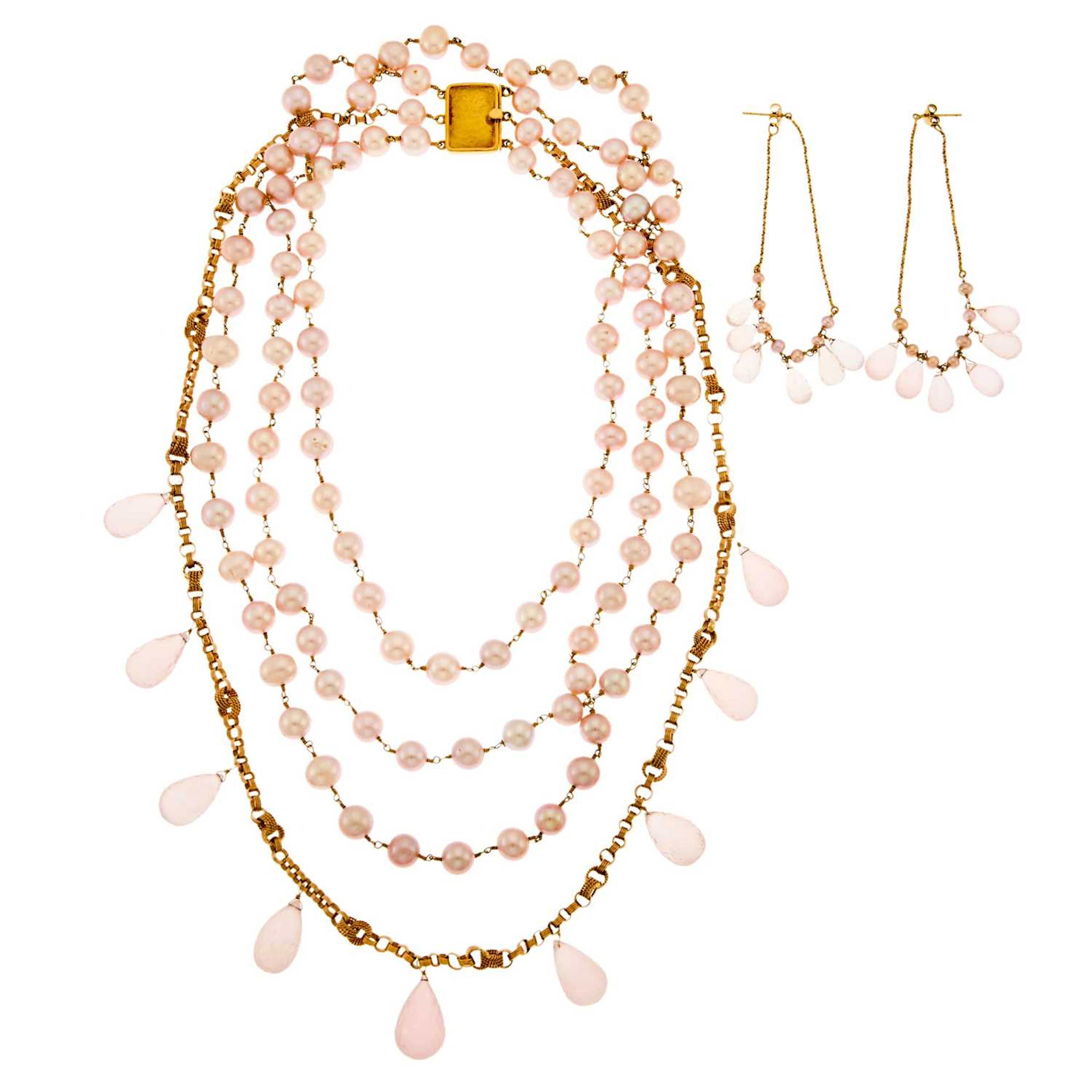 Long Multistrand Gold, Pink Cultured Pearl and Rose Quartz Briolette