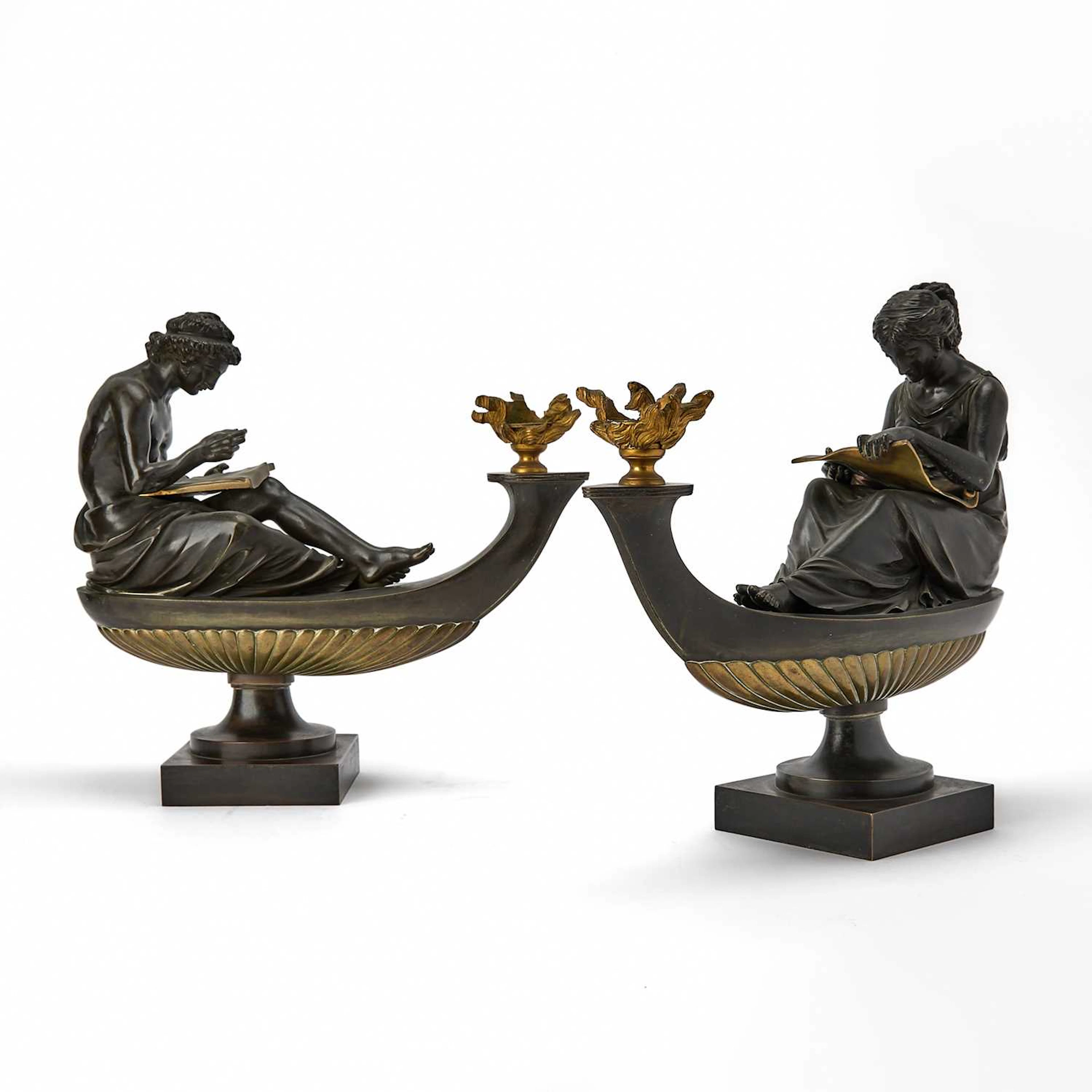 Pair of Louis XVI Style Gilt and Patinated Bronze Figural Oil Lamps