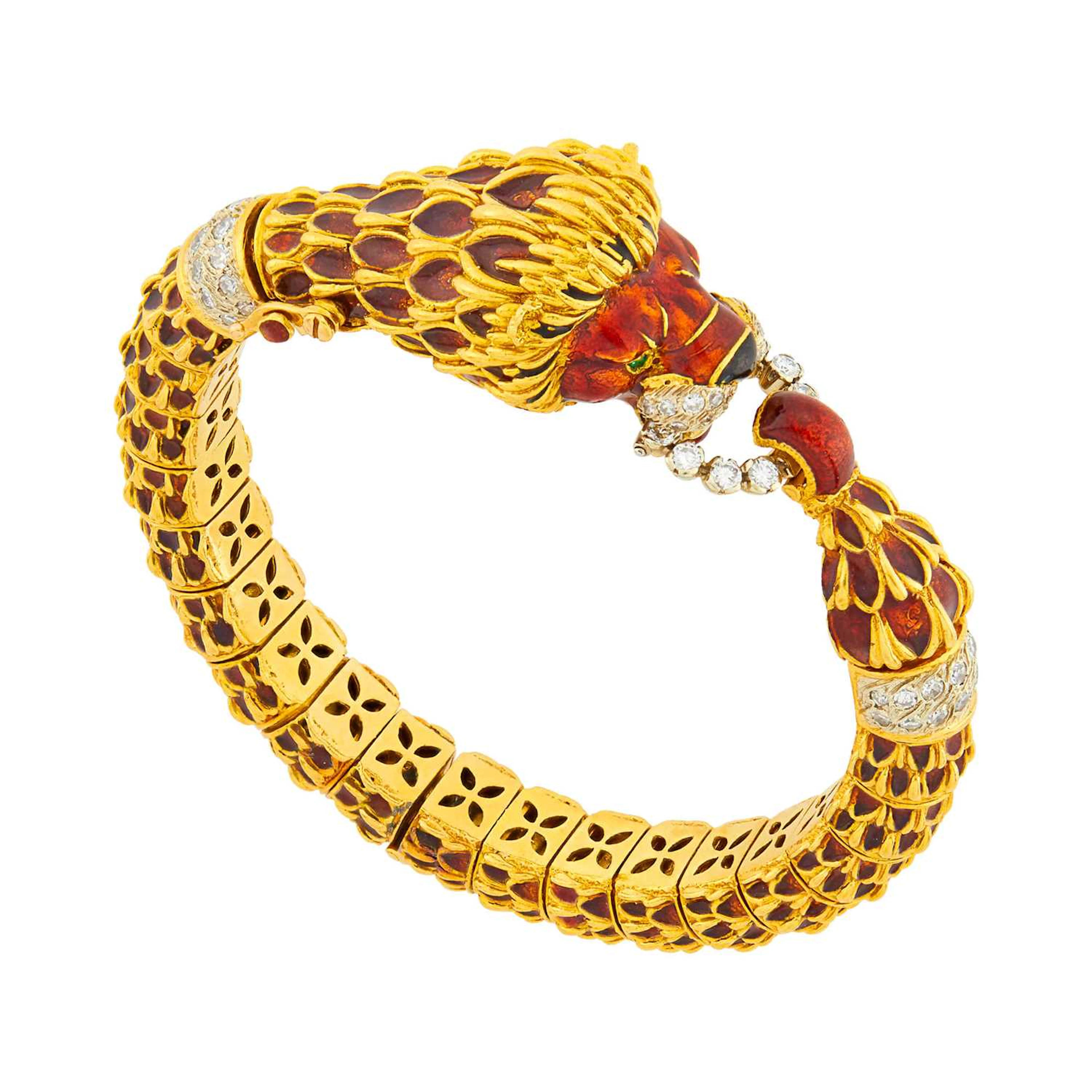 Frascarolo Gold, Enamel and Diamond Lion Bangle Bracelet