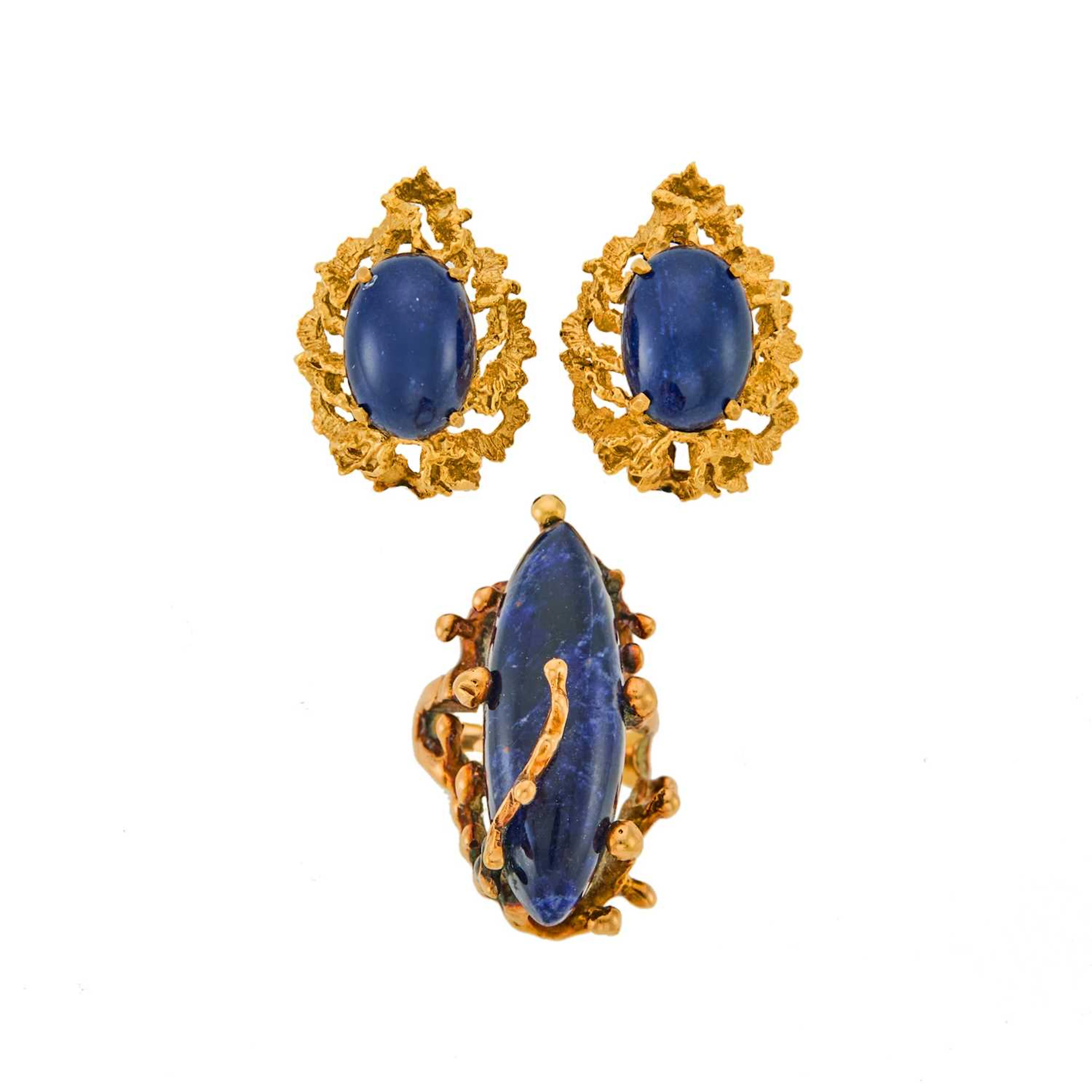 Gold and Cabochon Sodalite Ring and Pair of Earclips