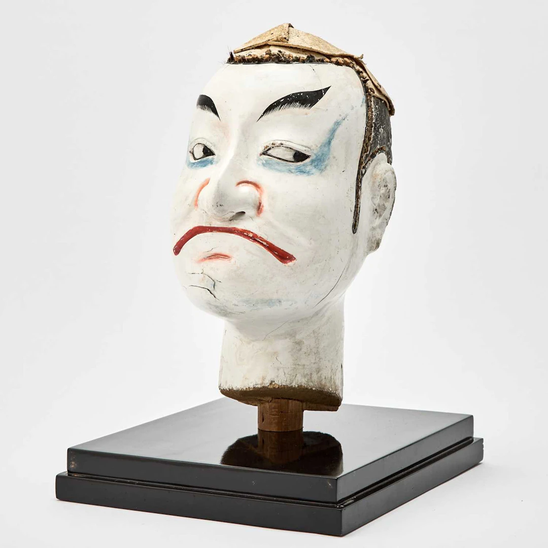 Japanese Painted Wood Bunraku Theatrical Puppet Doll Head