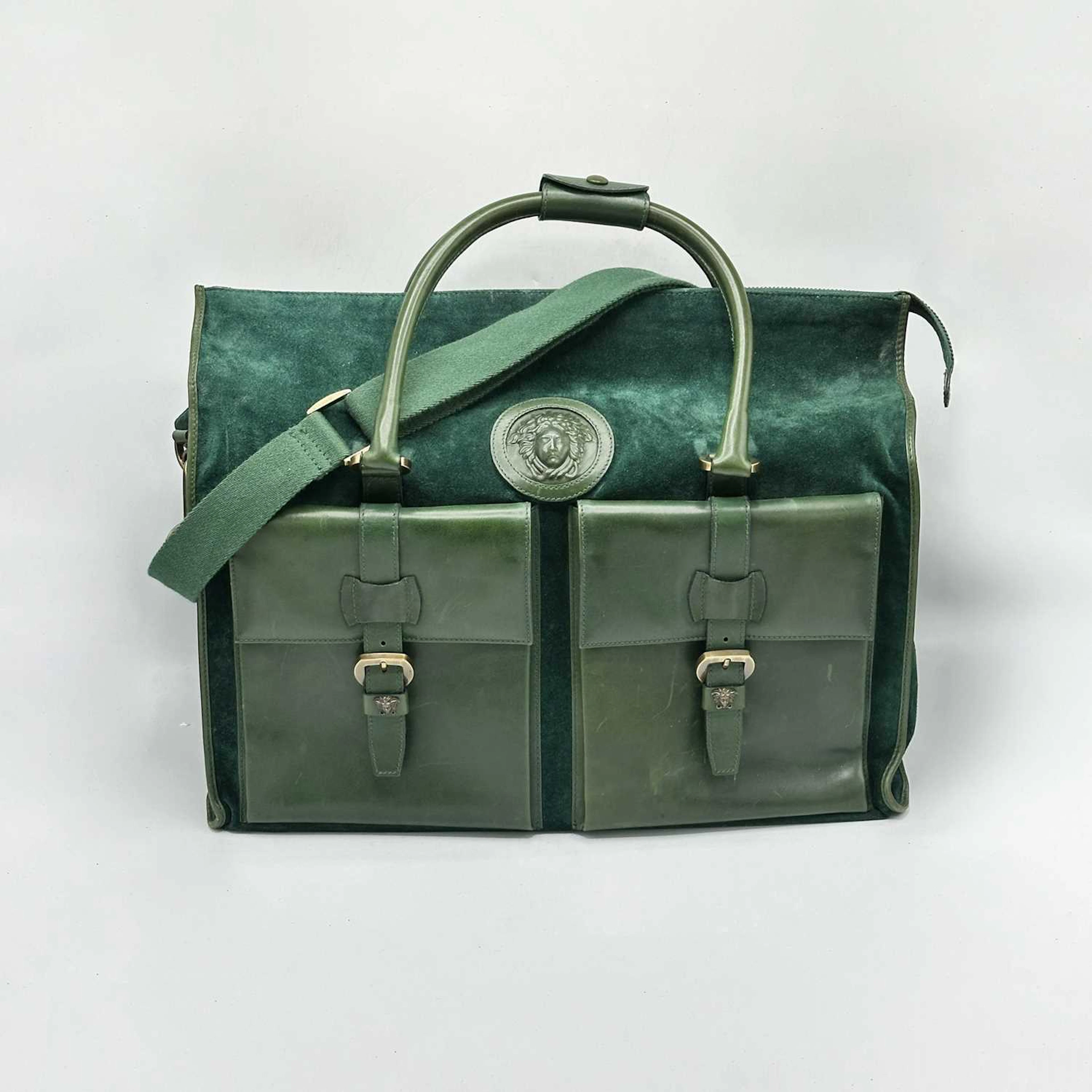 Green Suede and Leather Versace Weekender Bag