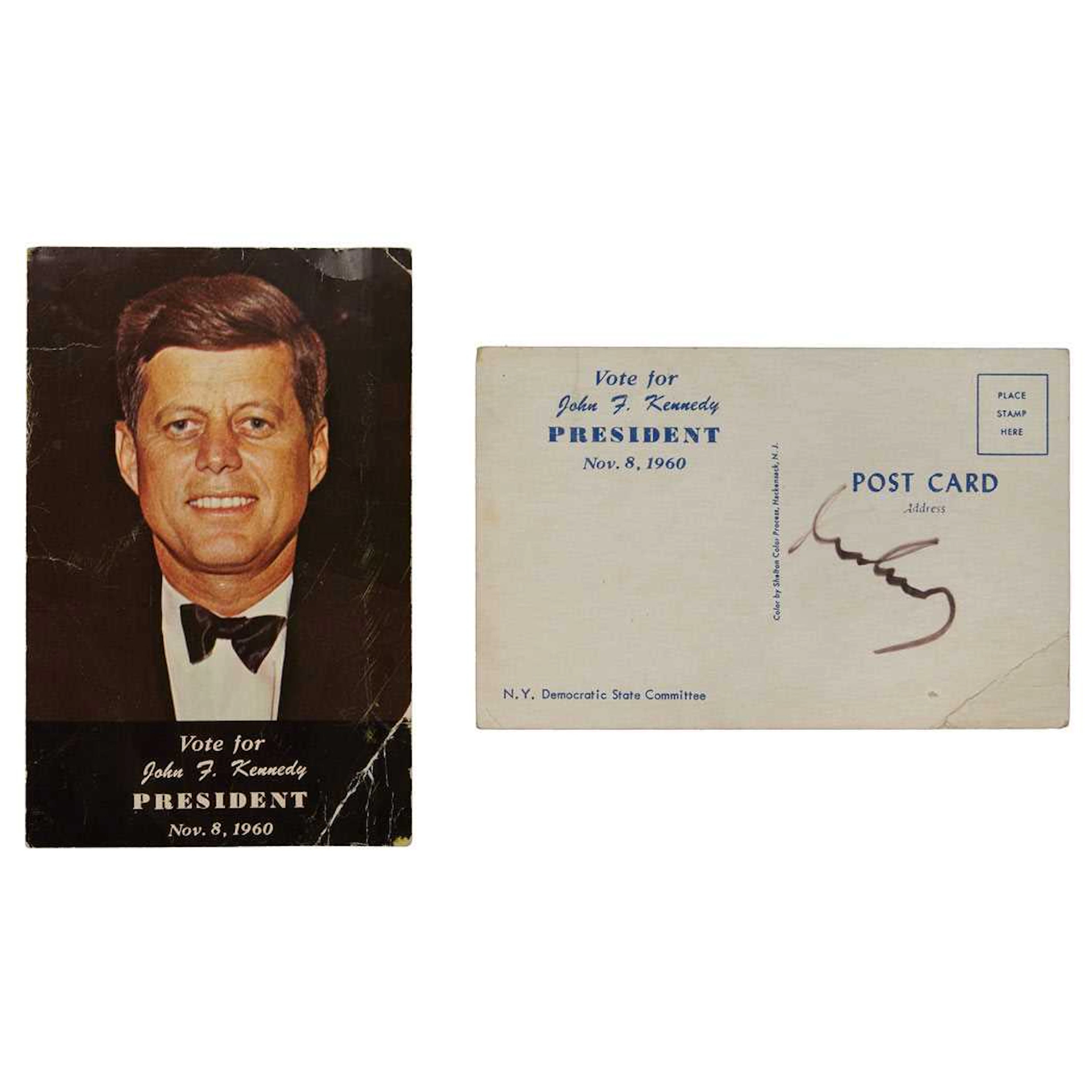 A signed postcard and items relating to President John F. Kennedy