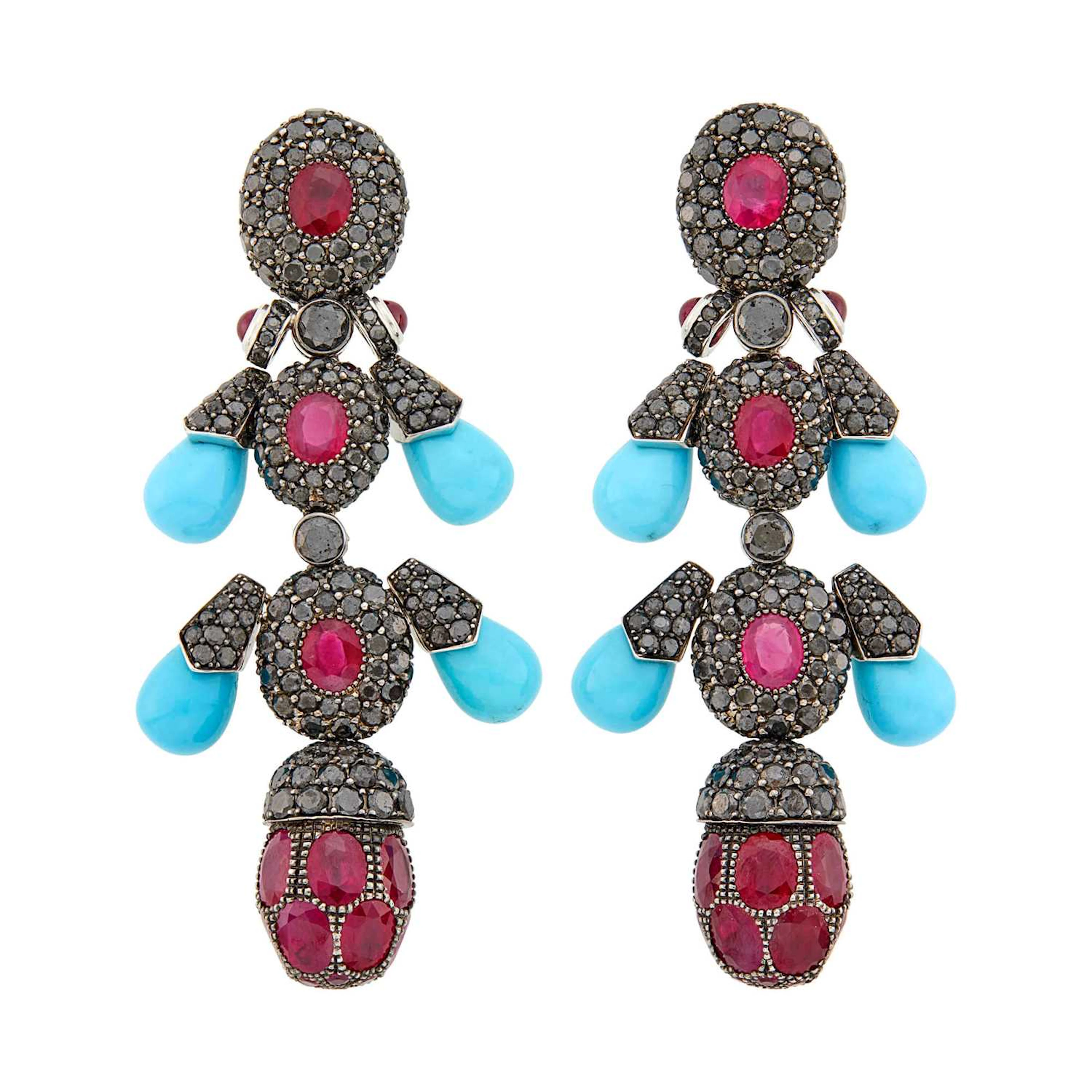 De Grisogono Pair of White and Blackened Gold, Ruby, Turquoise and