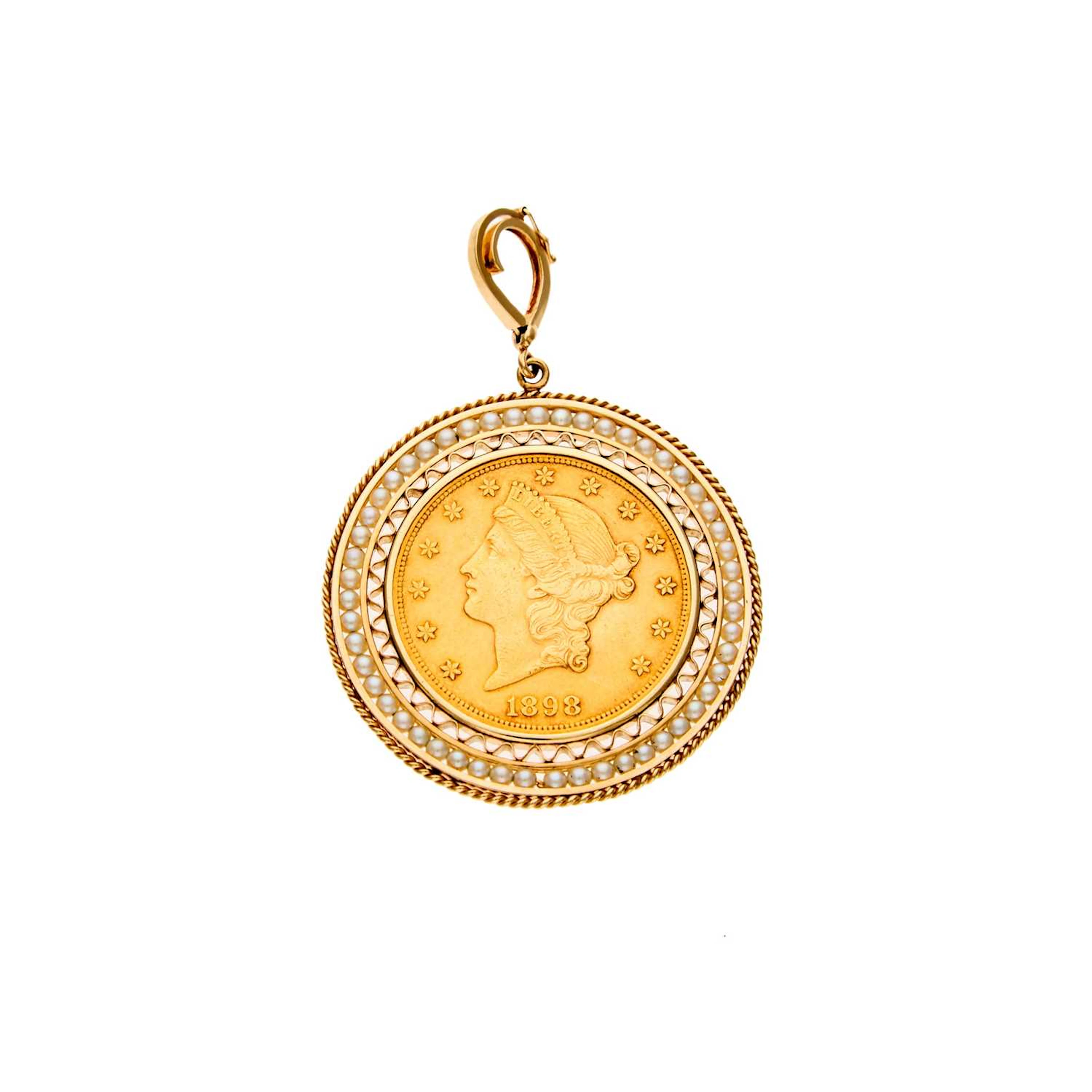 Gold, Gold Coin and Cultured Pearl Pendant