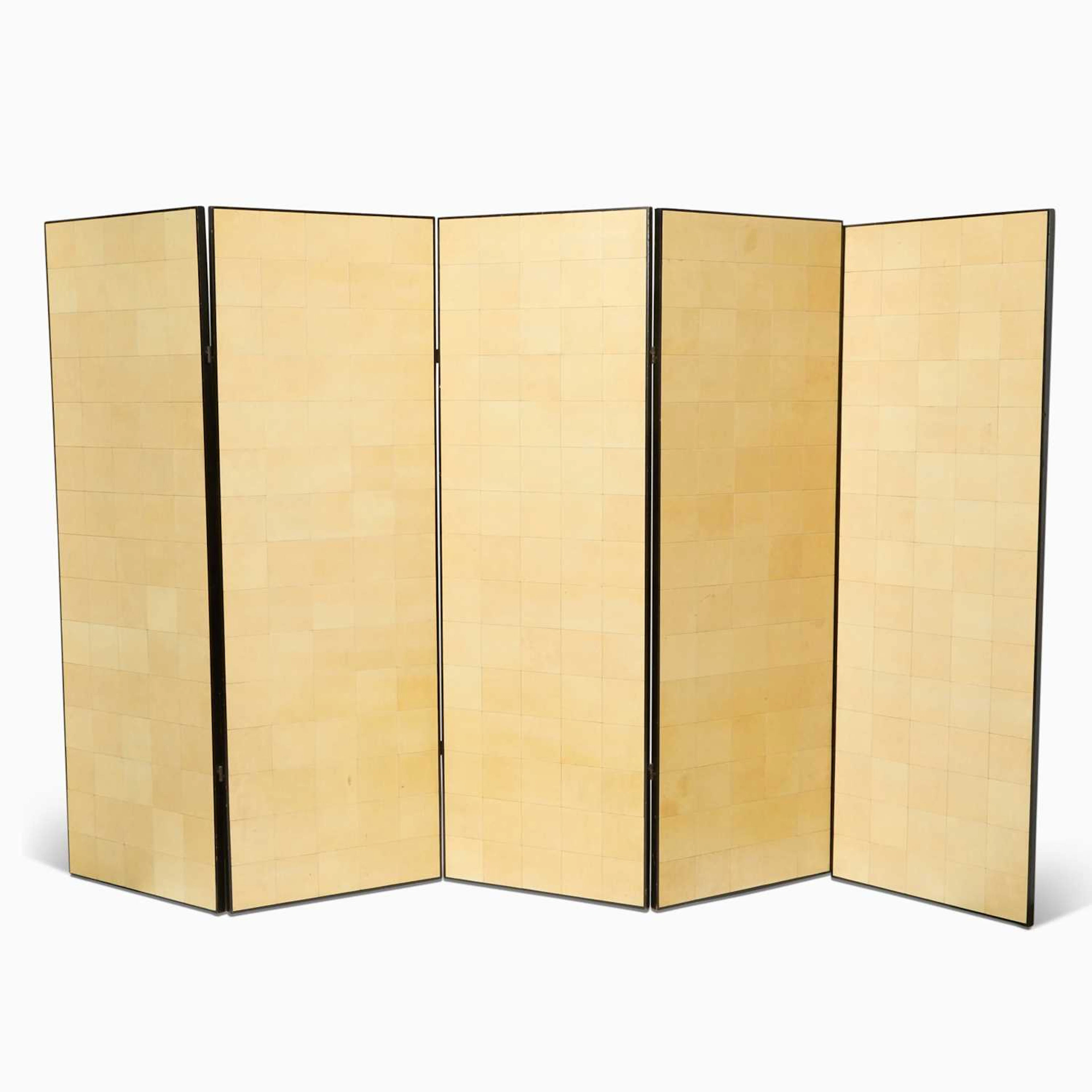 Large Five-Panel Parchment and Ebonized Folding Screen