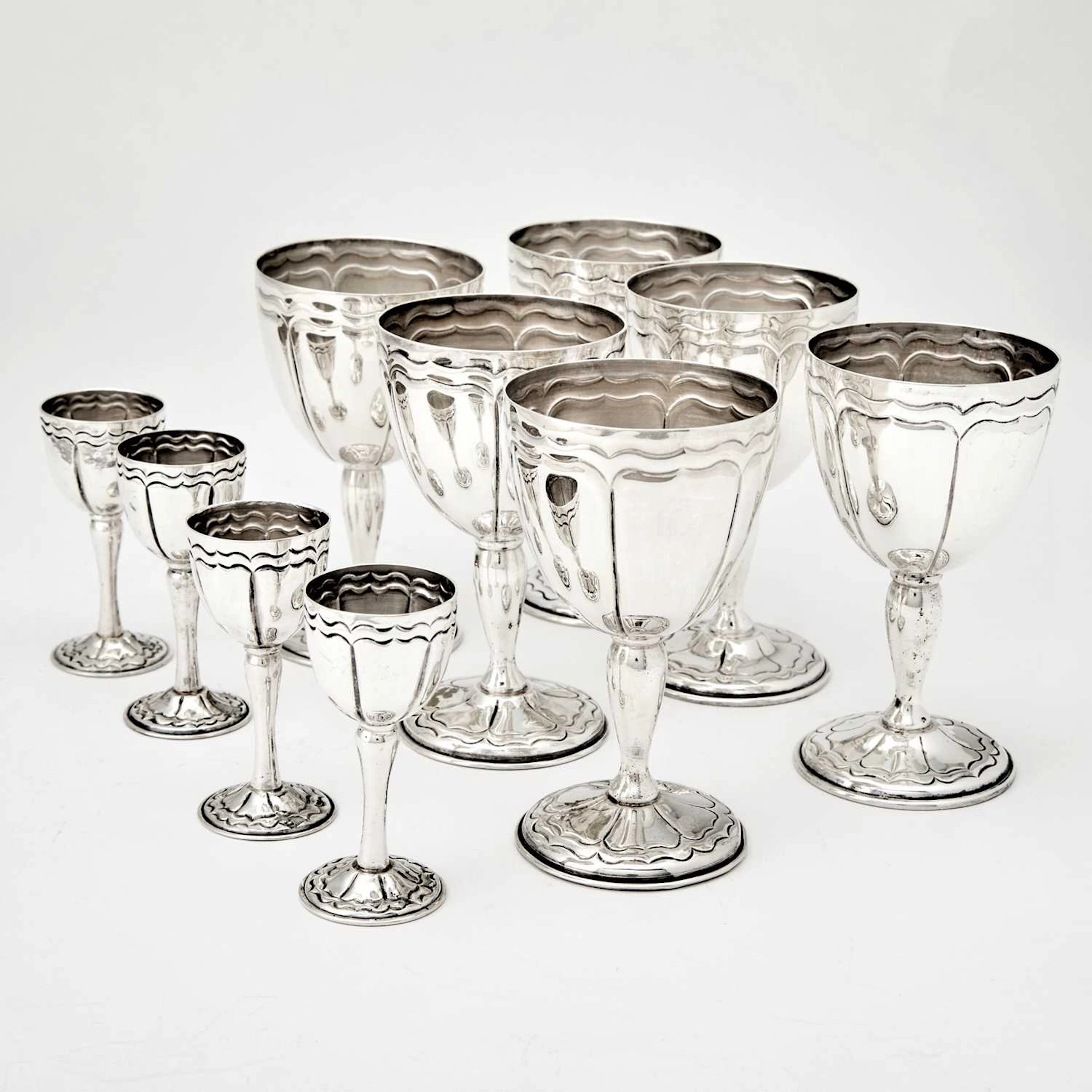 Six Mexican Sterling Silver Goblets and Four Cordials