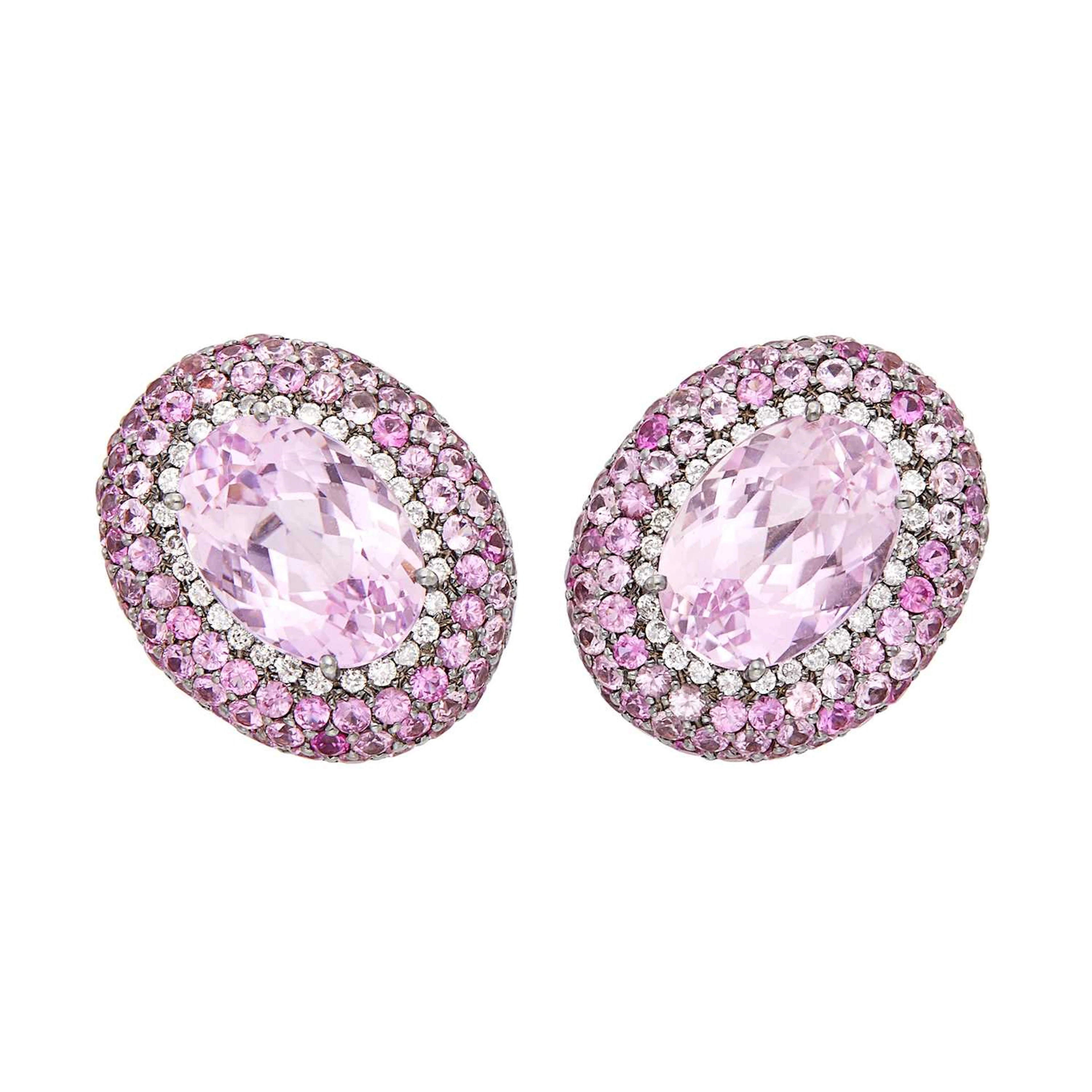 Pair of Blackened Gold, Kunzite, Pink Sapphire and Diamond Earrings