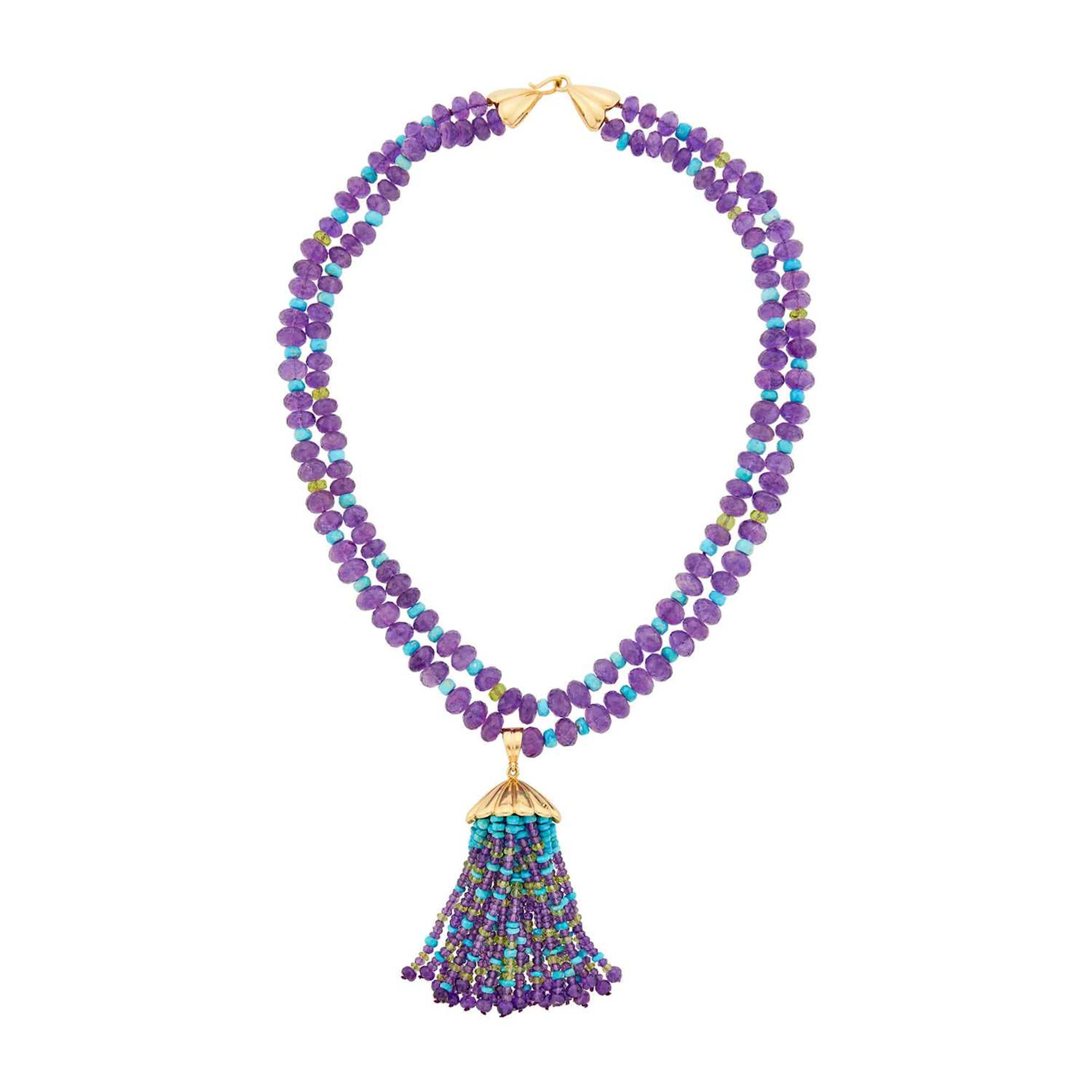 Double Strand Amethyst, Chrysocolla and Peridot Bead Tassel Pendant-Necklace