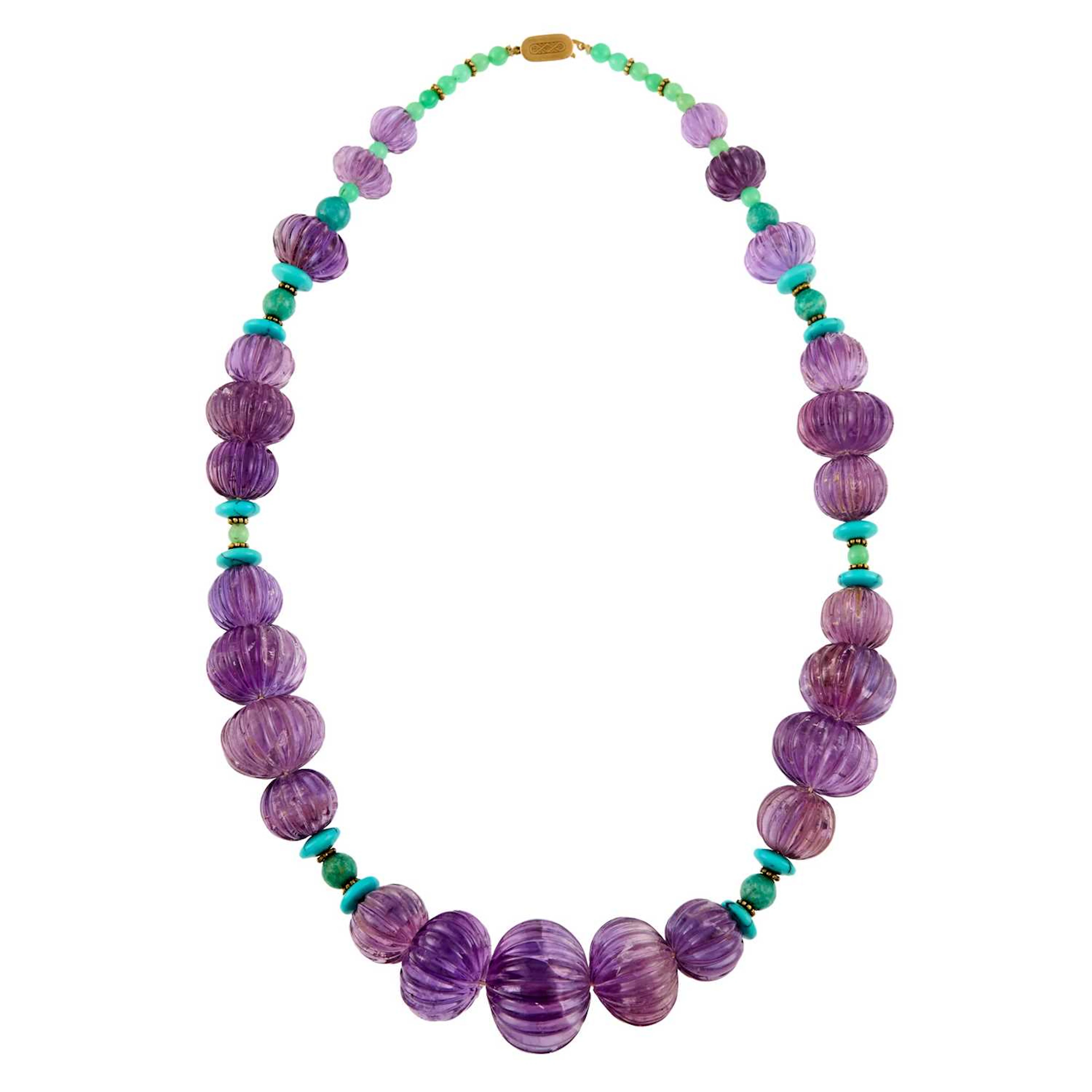 Fluted Amethyst, Turquoise, Green Chalcedony and Amazonite Bead Necklace