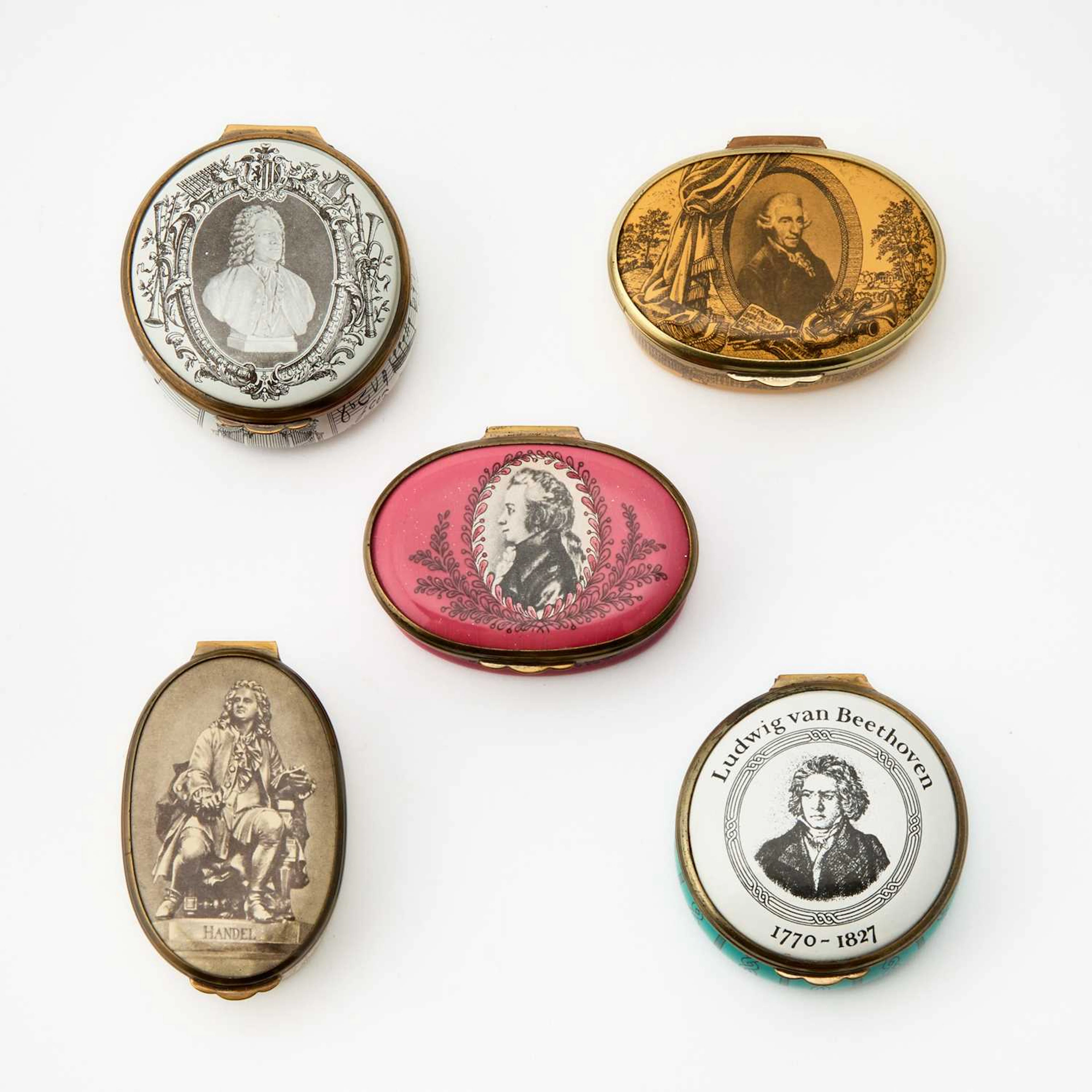 Group of Five Bilston and Battersea Enameled Metal Pill Boxes Retailed