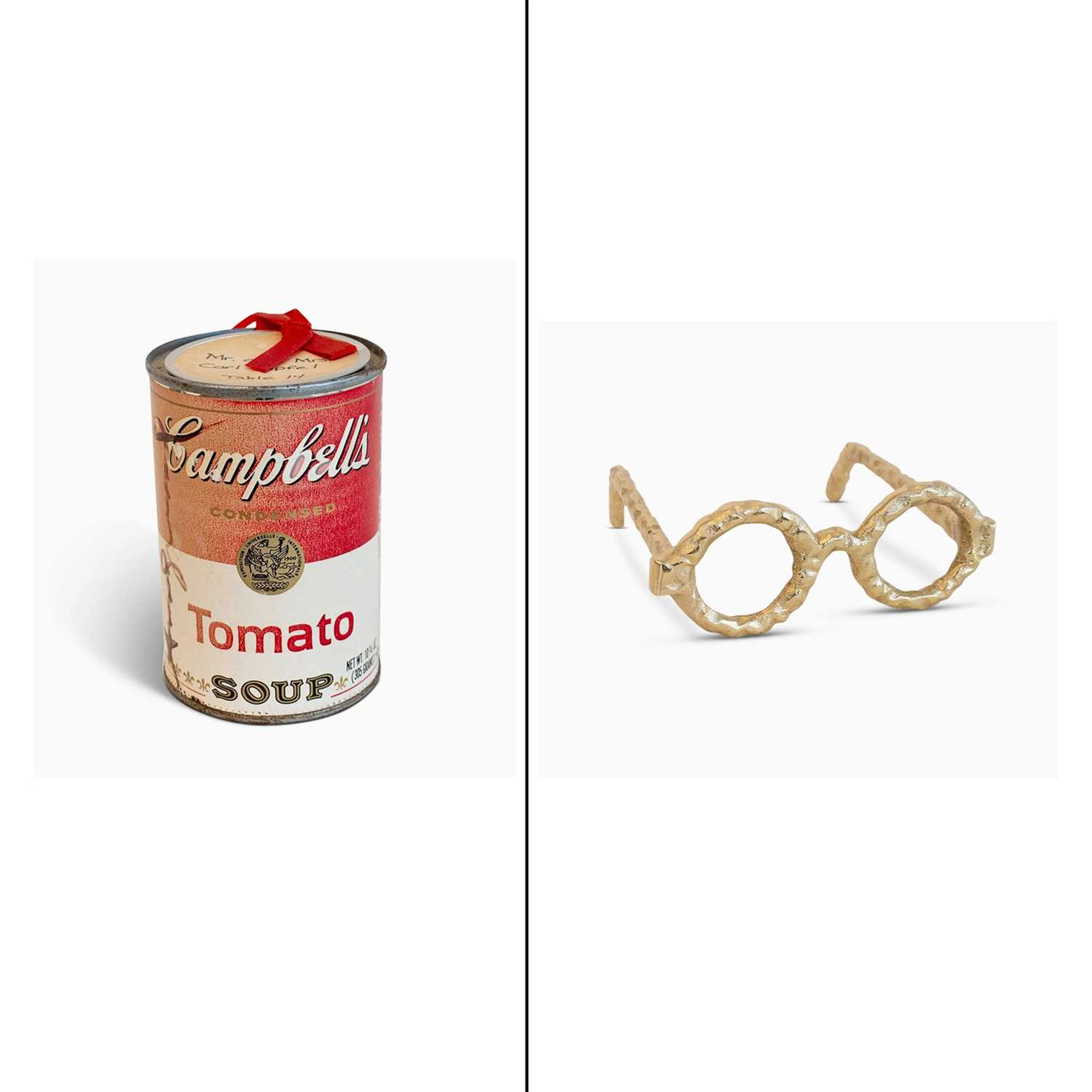 Andy Warhol Campbell's Soup Can Place Card Holder and Brass Eyeglass Sculpture