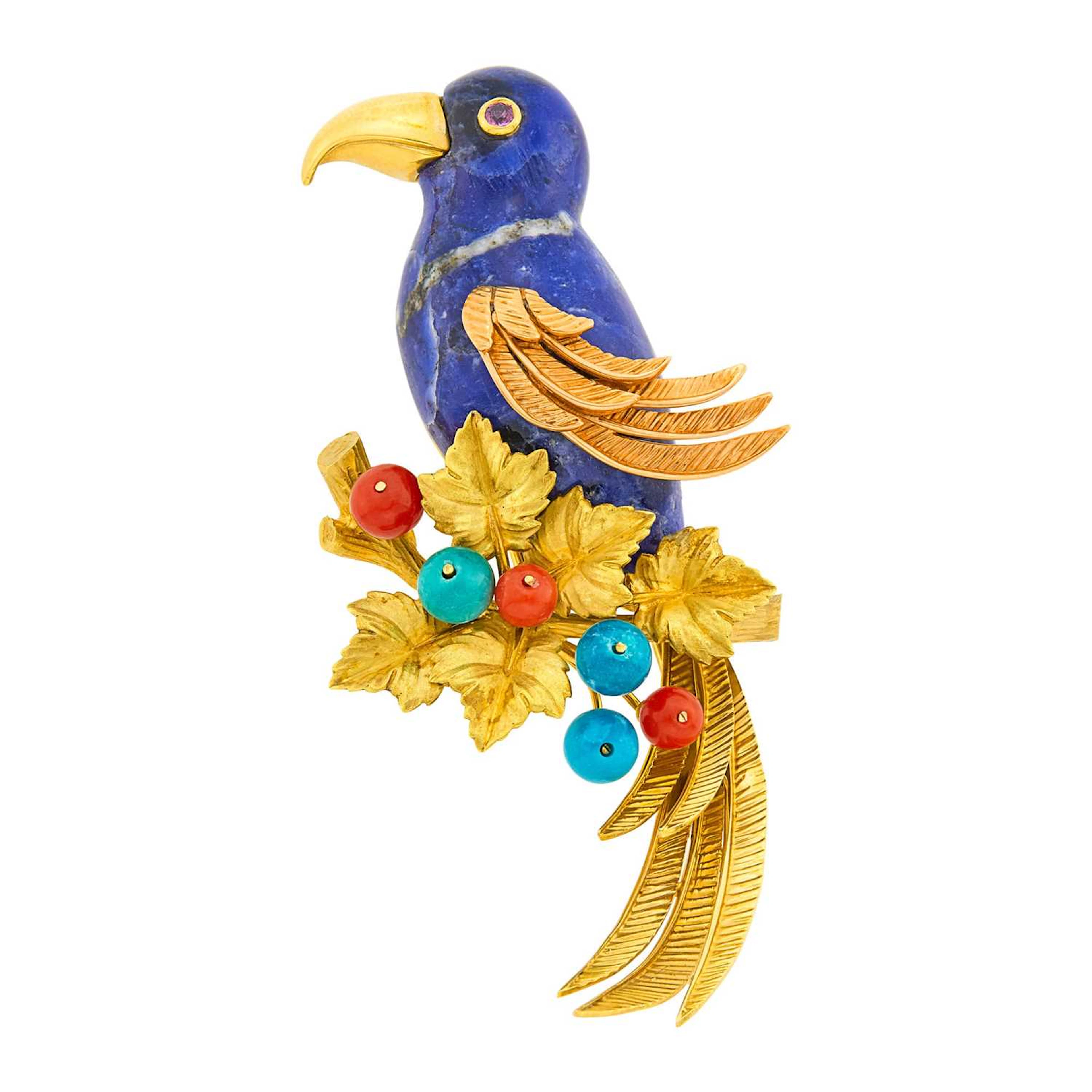 Cartier Two-Color Gold, Sodalite, Amazonite and Coral Bead Bird Clip-Brooch