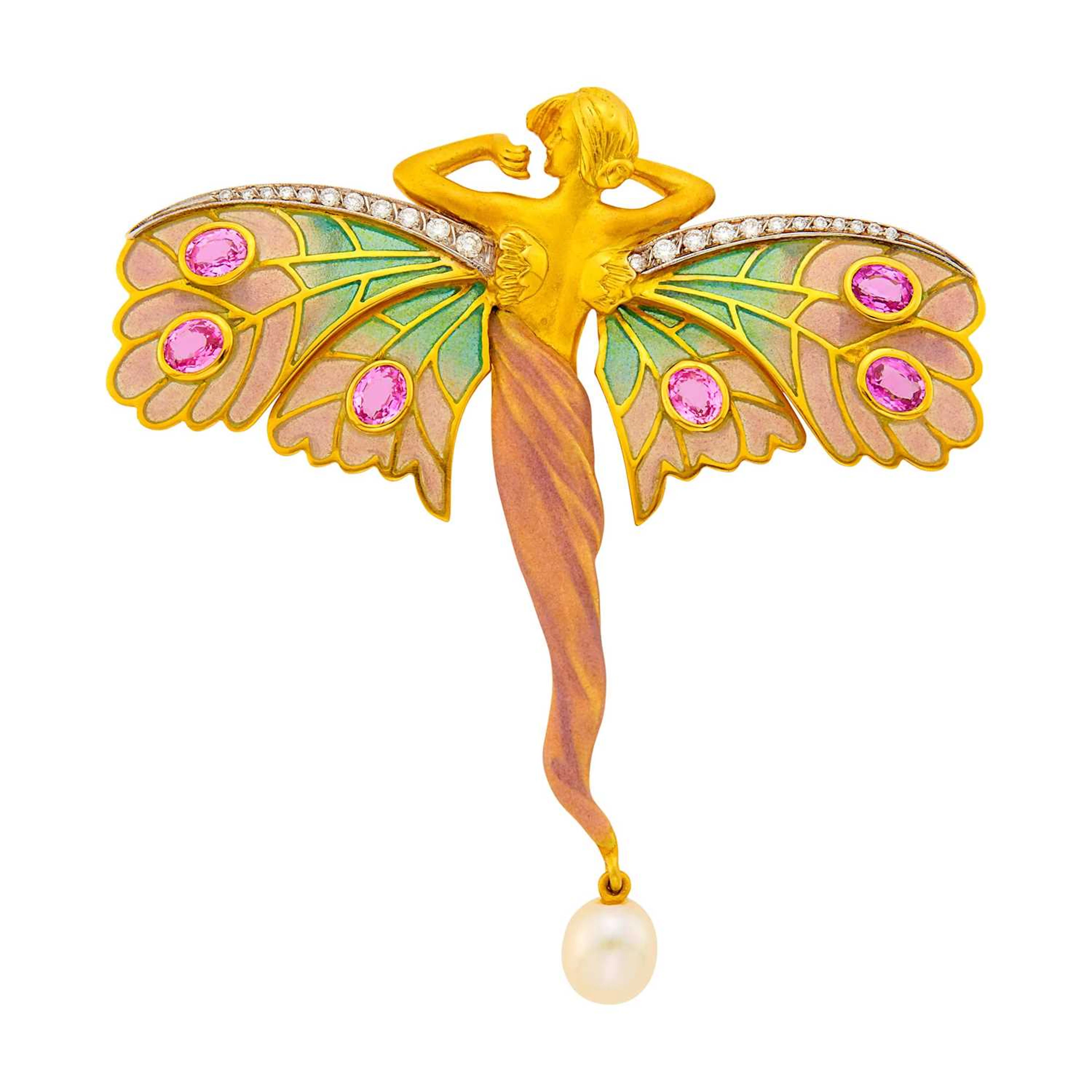 Masriera Gold, Plique-à-Jour Enamel, Enamel, Diamond, Pink Sapphire