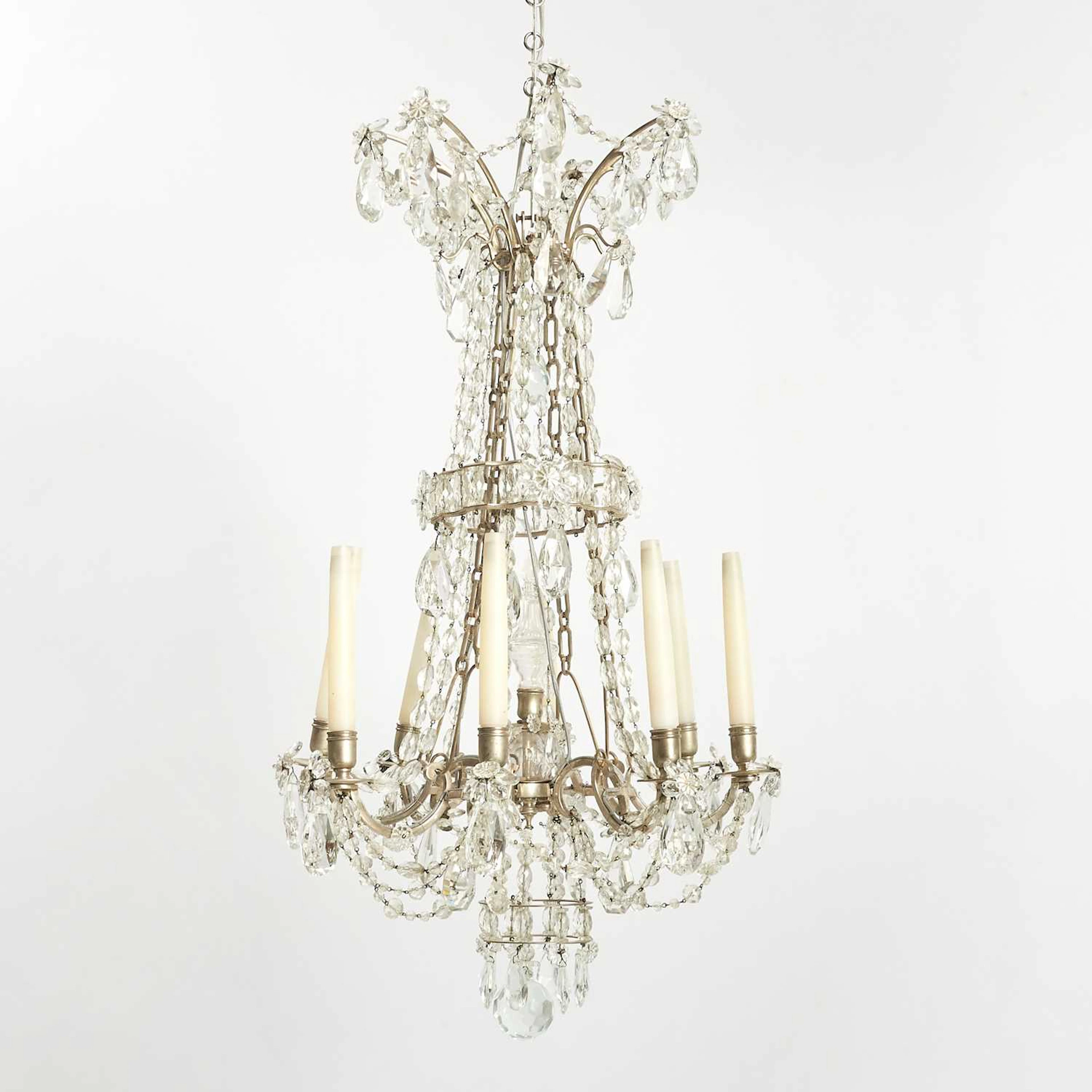 Louis XVI Style Chromed Metal and Glass Eight-Light Chandelier