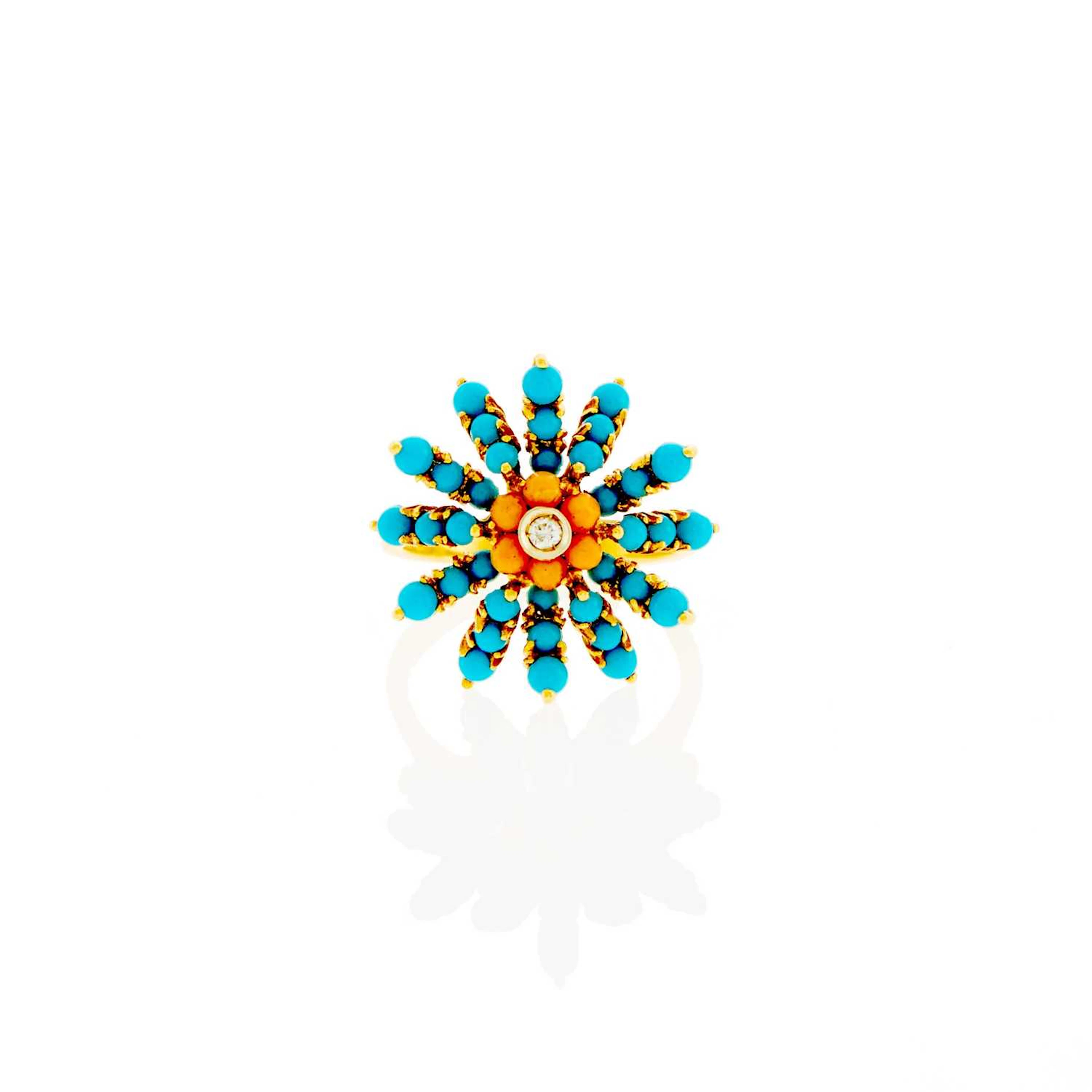 Gold, Imitation Turquoise, Coral and Diamond Flower Ring