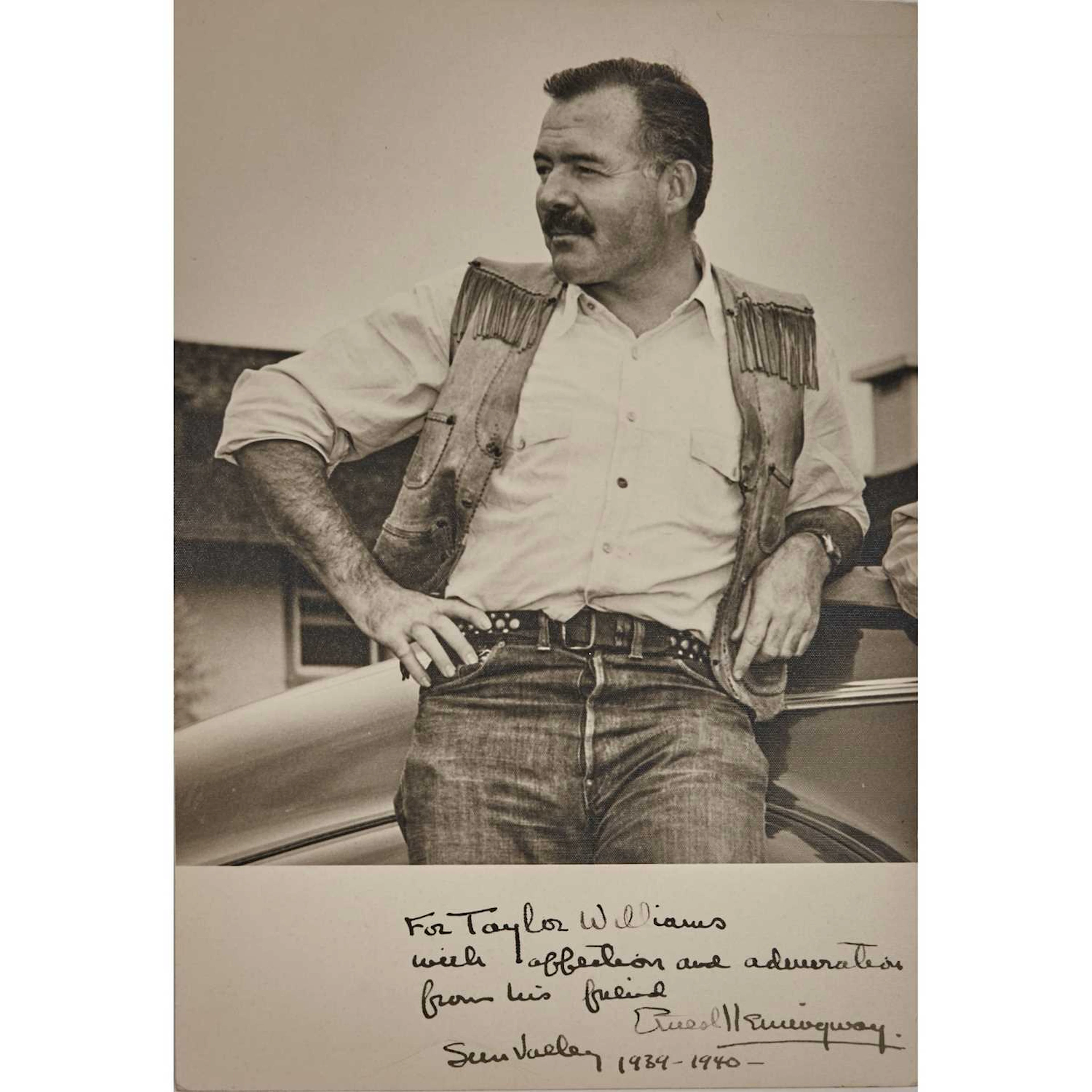 A superb inscribed photograph by Ernest Hemingway in Sun Valley, 1940