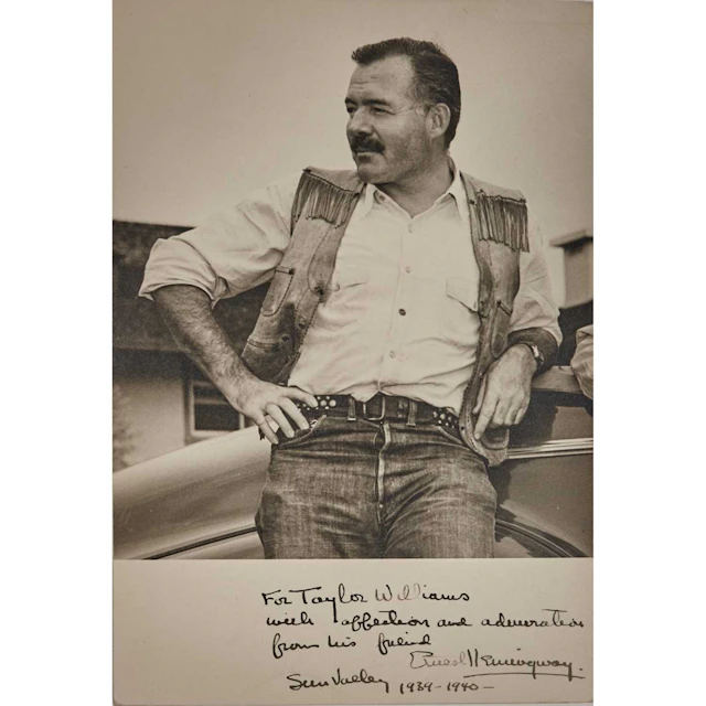 A superb inscribed photograph by Ernest Hemingway in Sun Valley, 1940