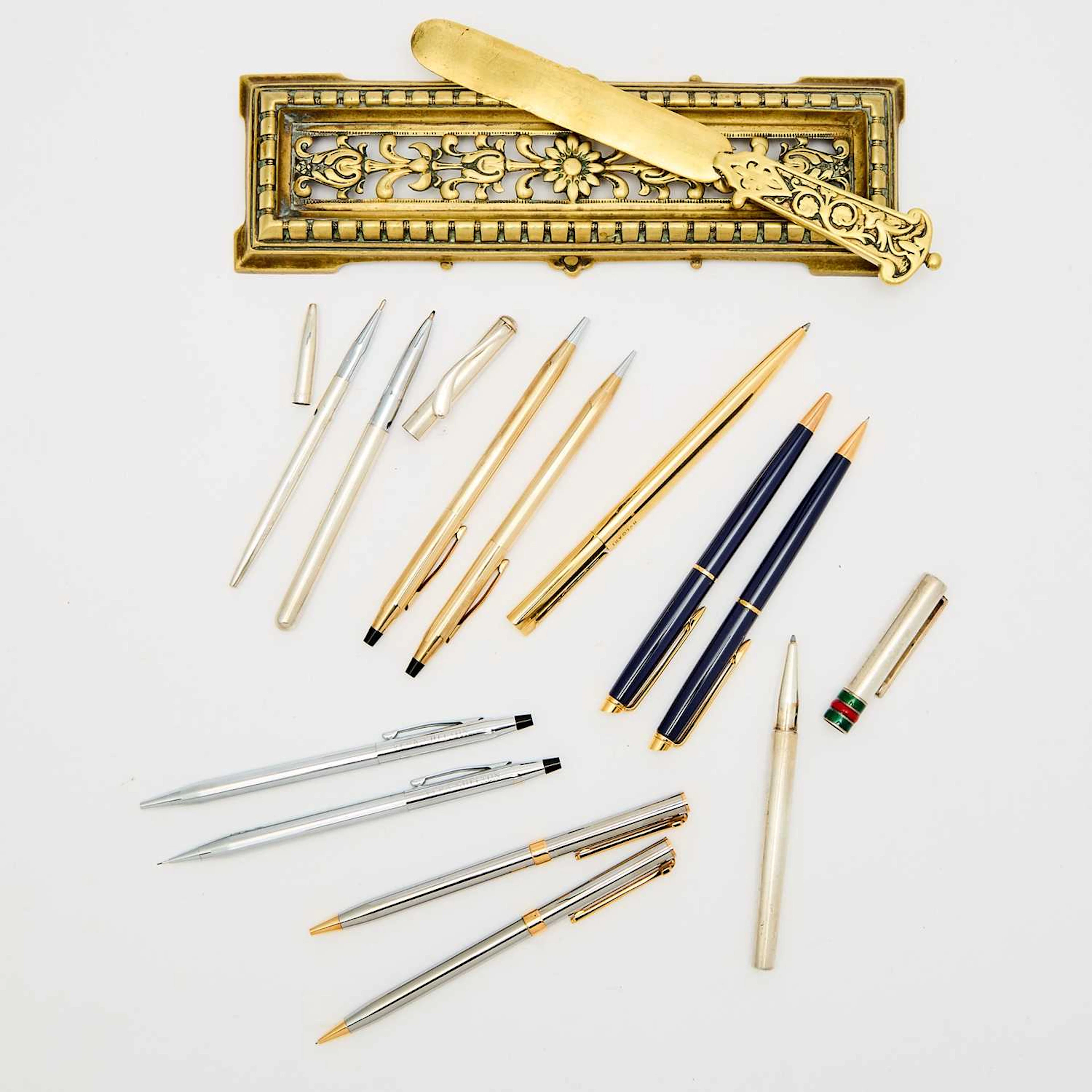 Group of Pens, Pen and Pencil Sets and Brass Desk Articles