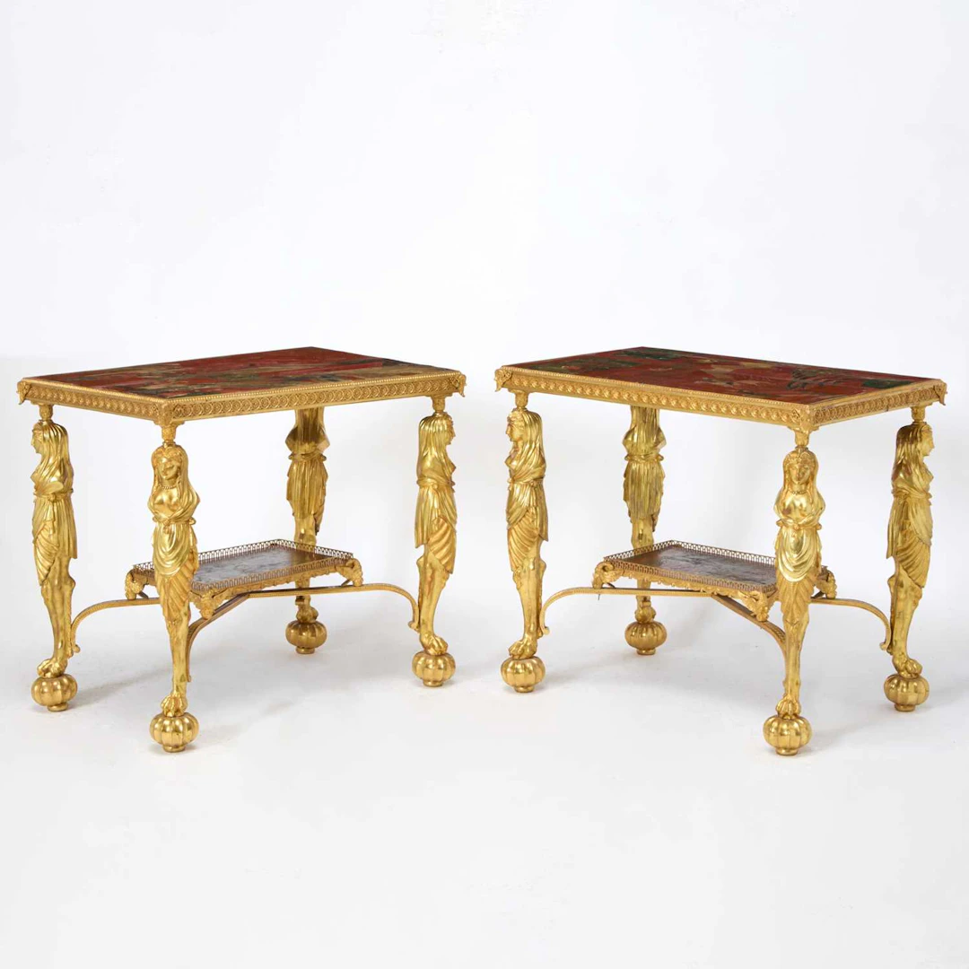 Pair of French Empire Style Gilt-Bronze and Chinese Lacquered Side Tables