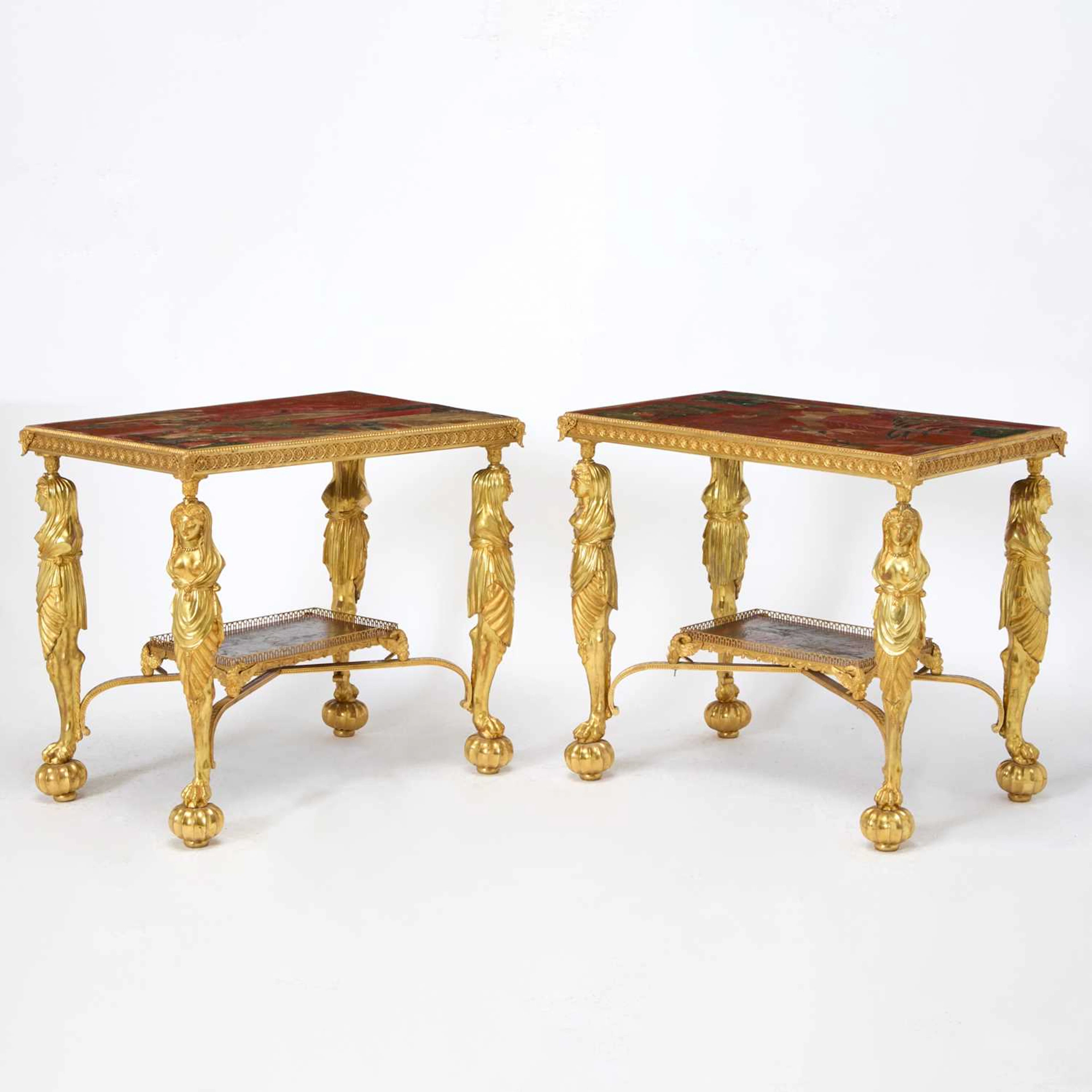 Pair of French Empire Style Gilt-Bronze and Chinese Lacquered Side Tables