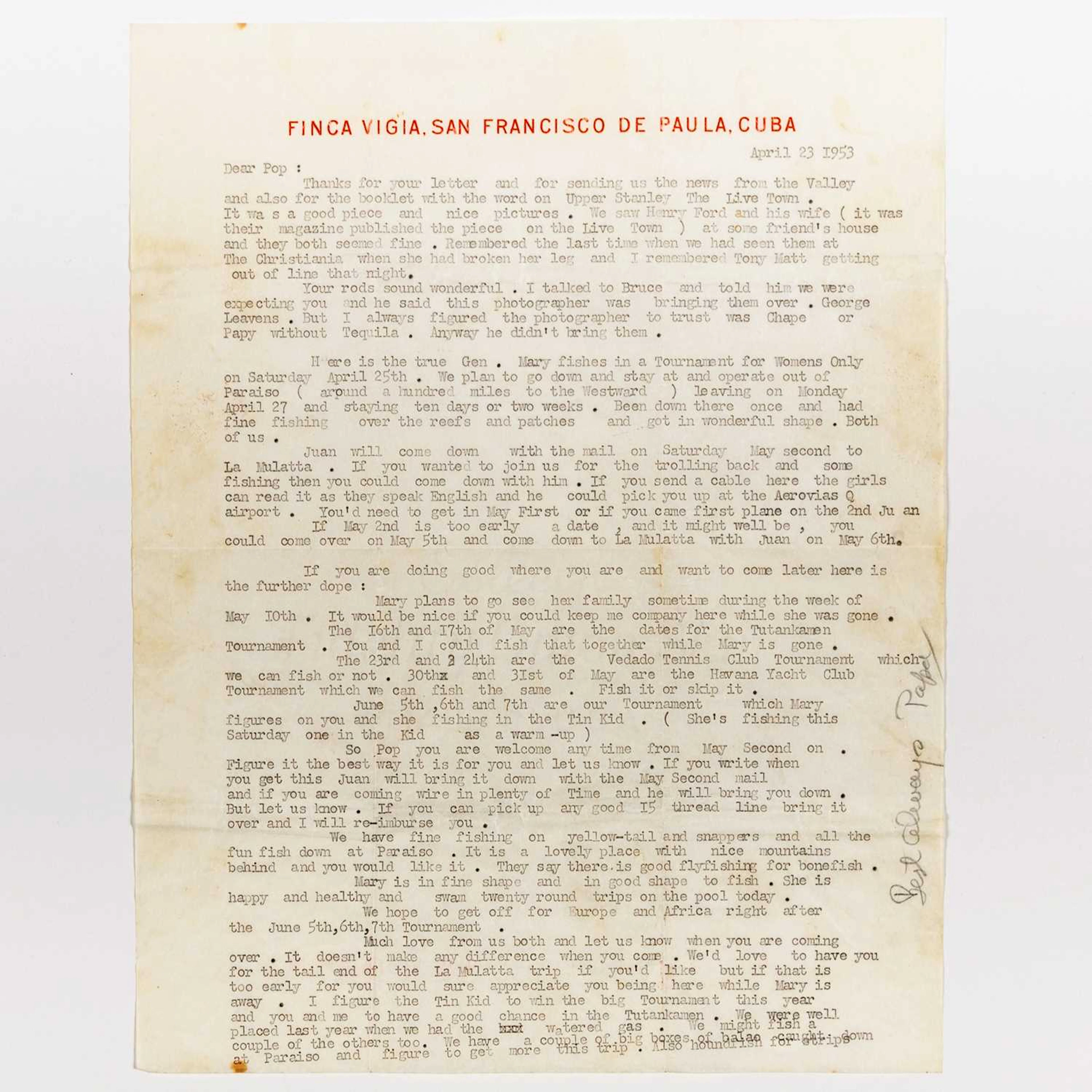 Ernest Hemingway letter to famed Idaho sporting guide Taylor "Bear
