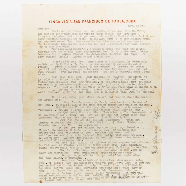 Ernest Hemingway letter to famed Idaho sporting guide Taylor "Bear