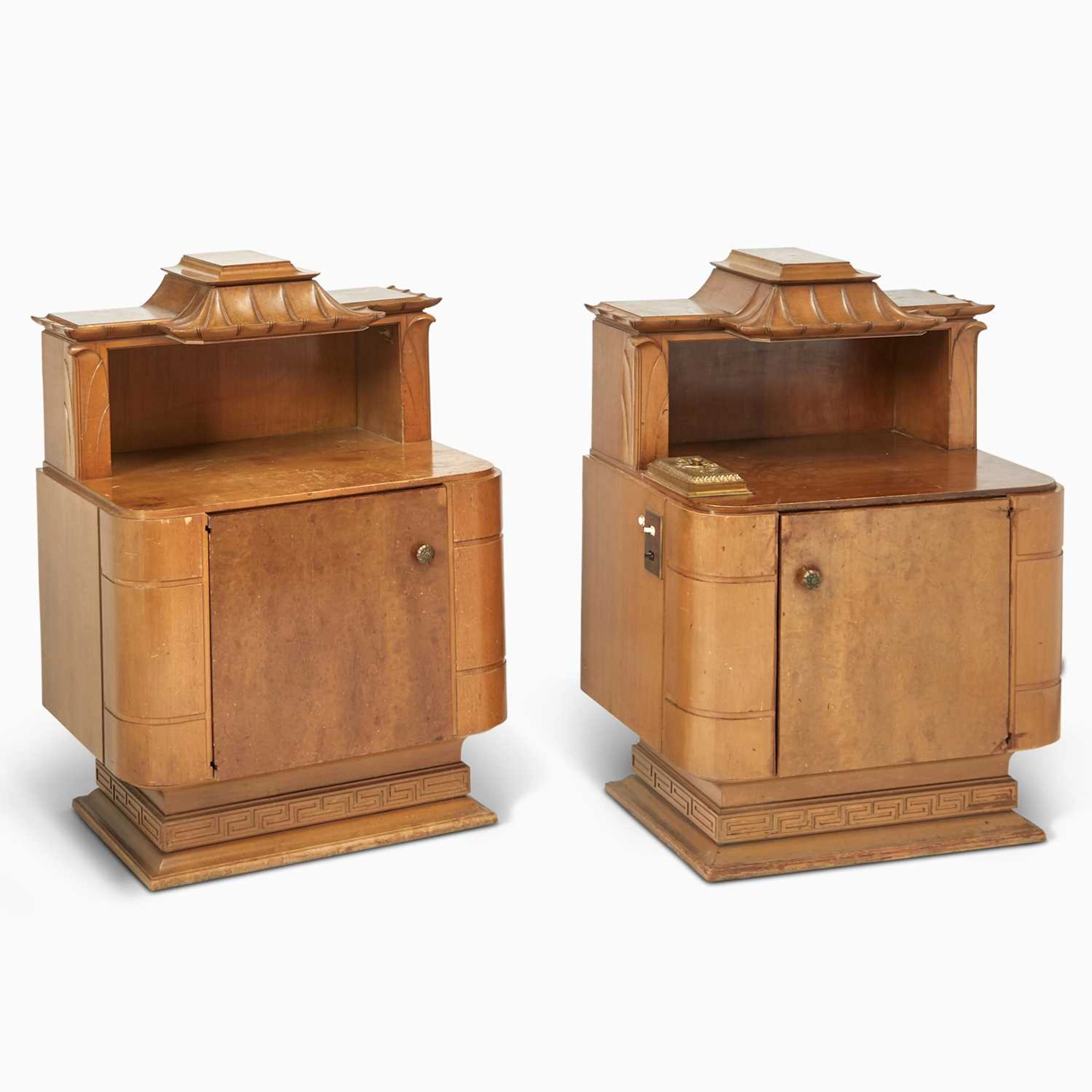 Pair of Custom T.H. Robsjohn-Gibbings Carved Harewood and Amboyna