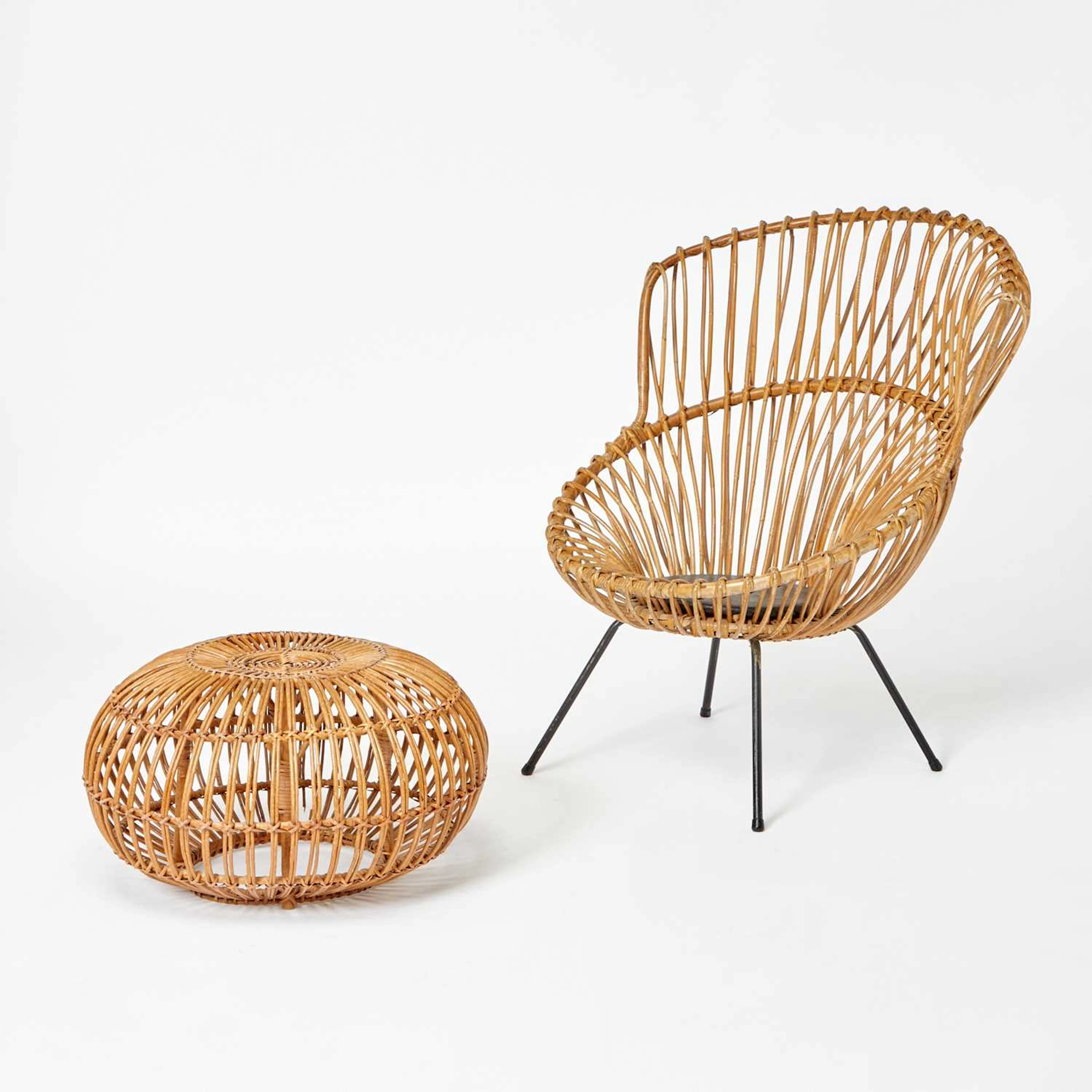 Attributed to Franco Albini Rattan Lounge Chair and Ottoman