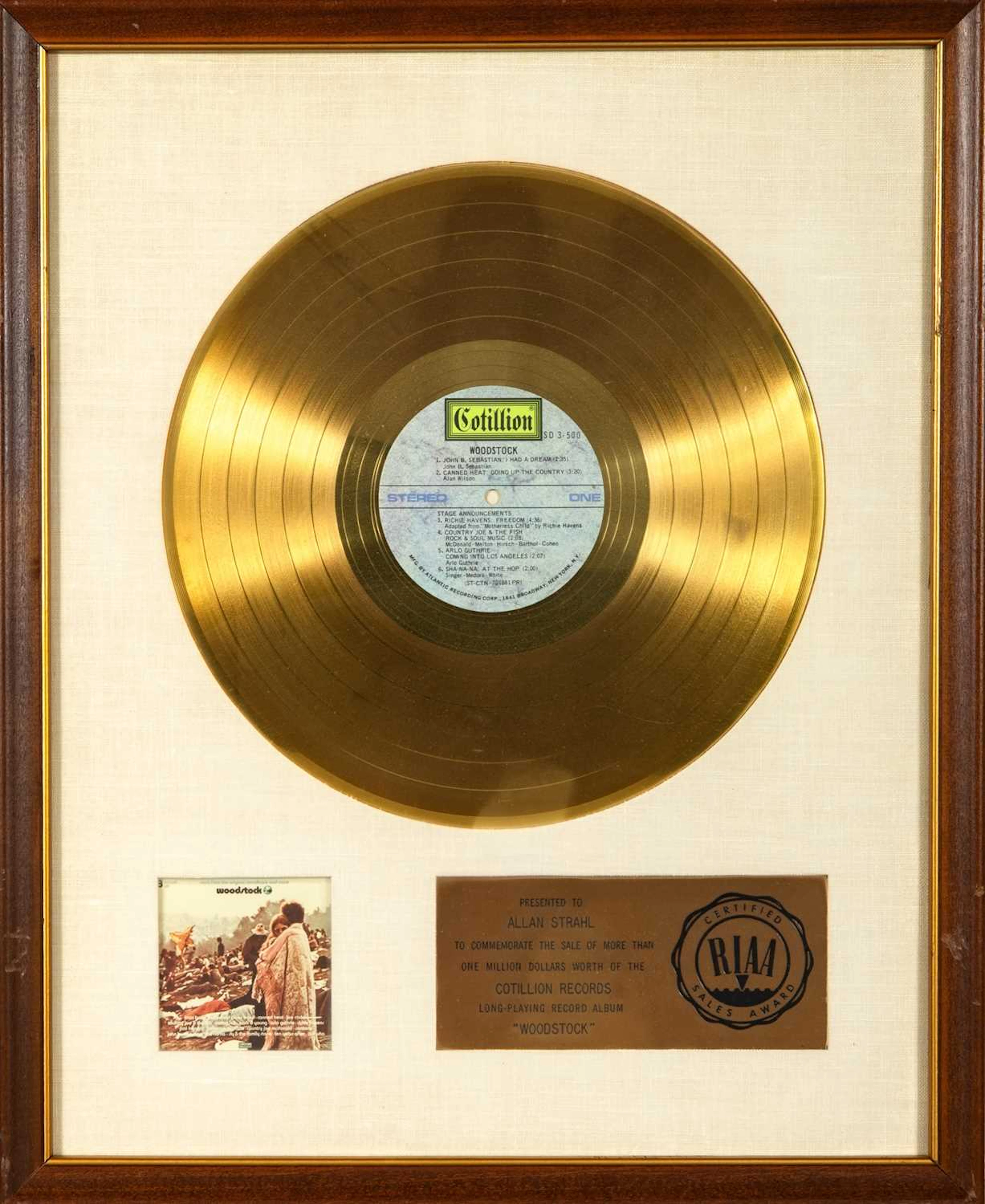 Woodstock Gold Record presented to Allan Strahl