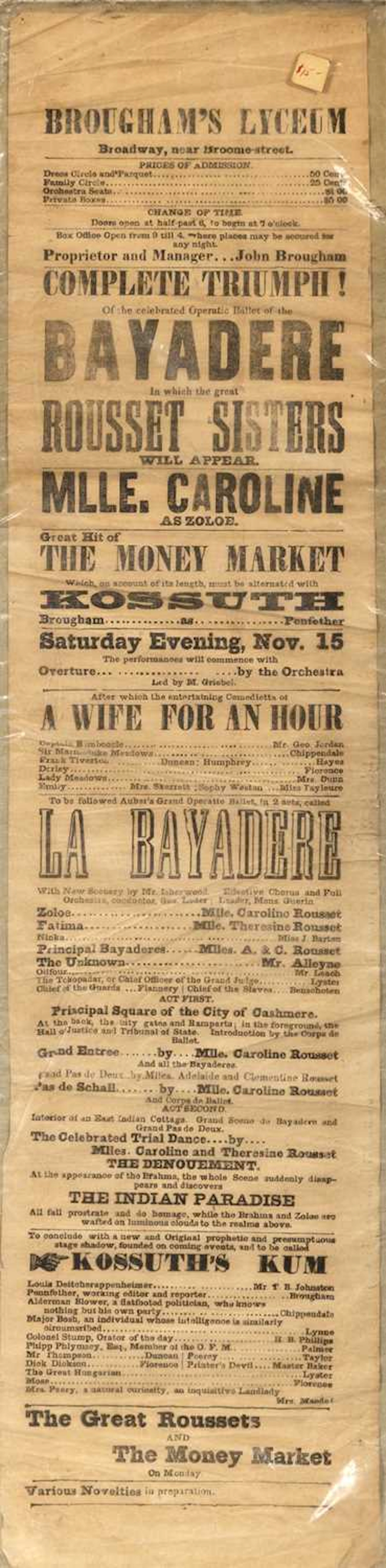 A mid-nineteenth-century broadsheet from Brougham's Lyceum on Broadway