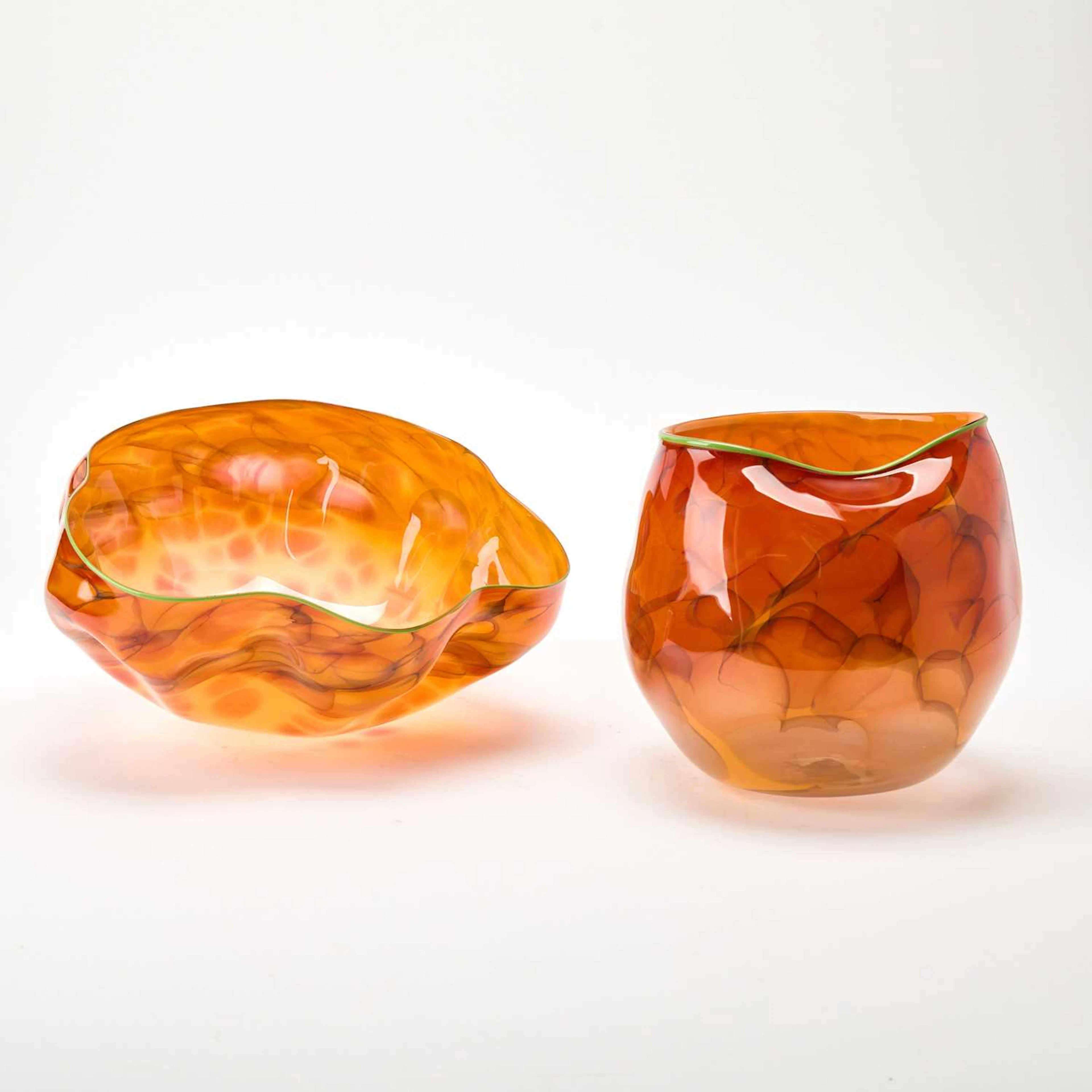 Dale Chihuly Two-Piece Hand-Blown Glass Orange Macchia Basket With