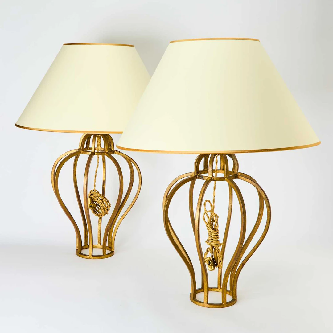 Pair of Mid-Century Modern Gilt-Iron "Cage" Table Lamps