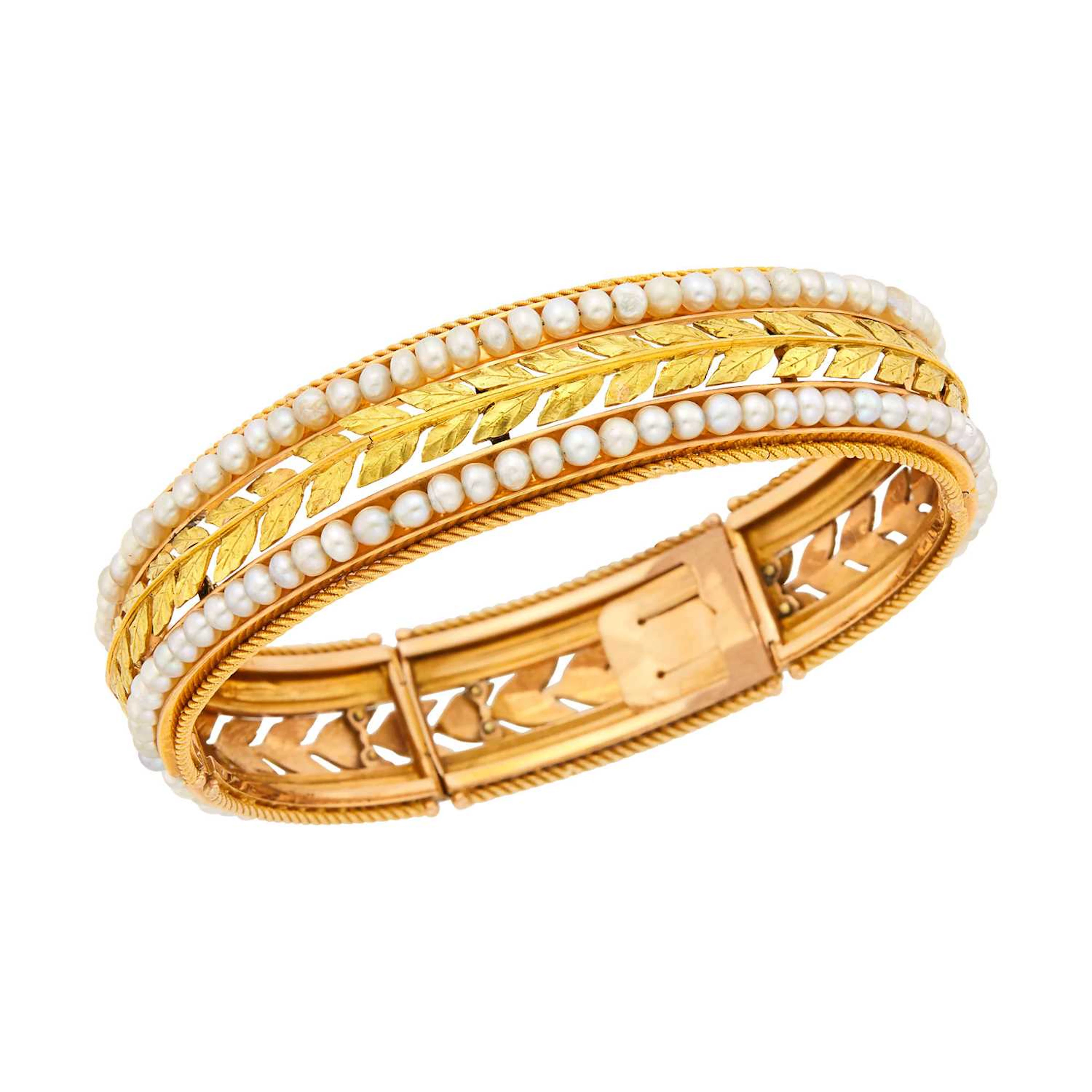 Antique Two-Color Gold and Pearl Bangle Bracelet, France