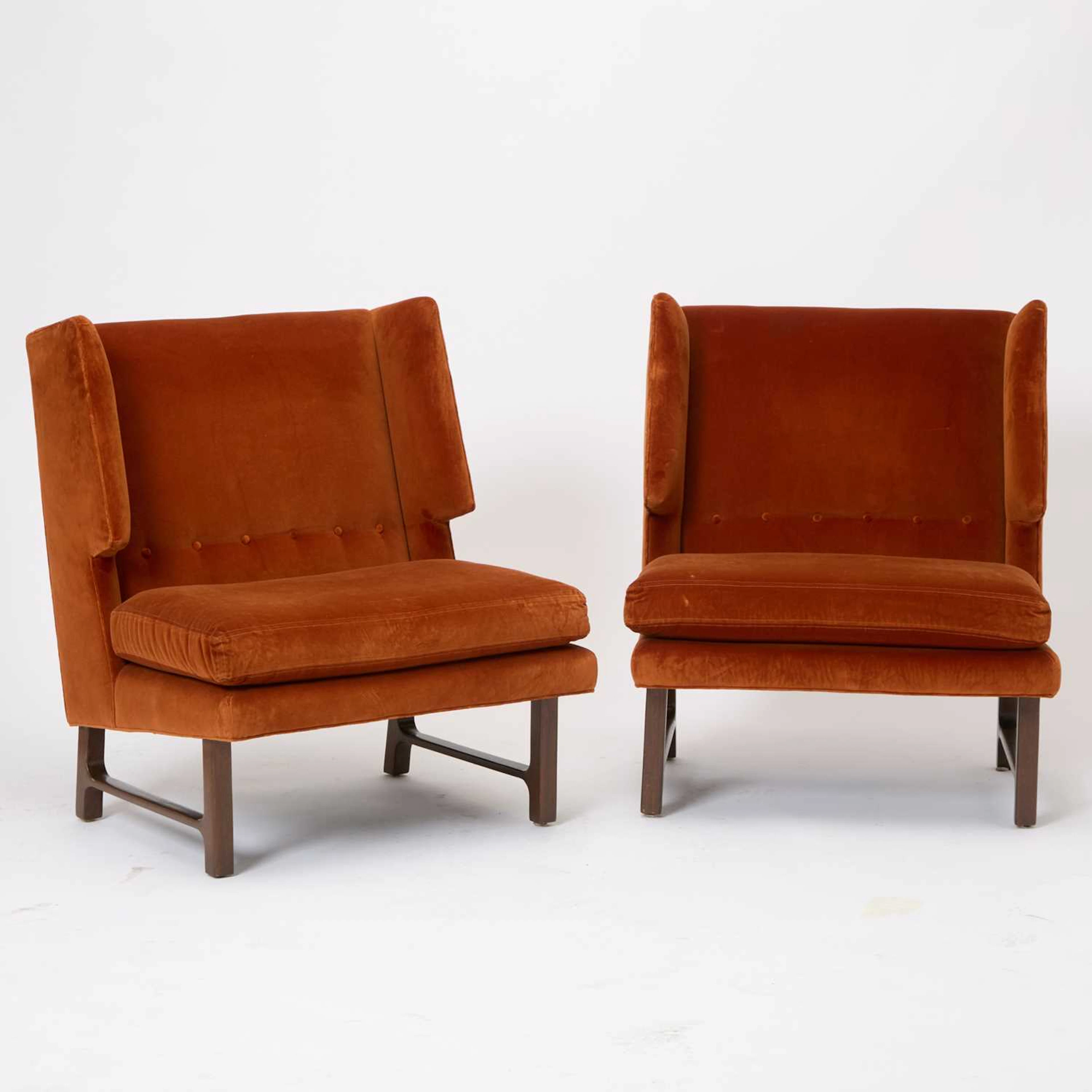 Pair of Edward Wormley for Dunbar Upholstered Walnut Stained Armchairs