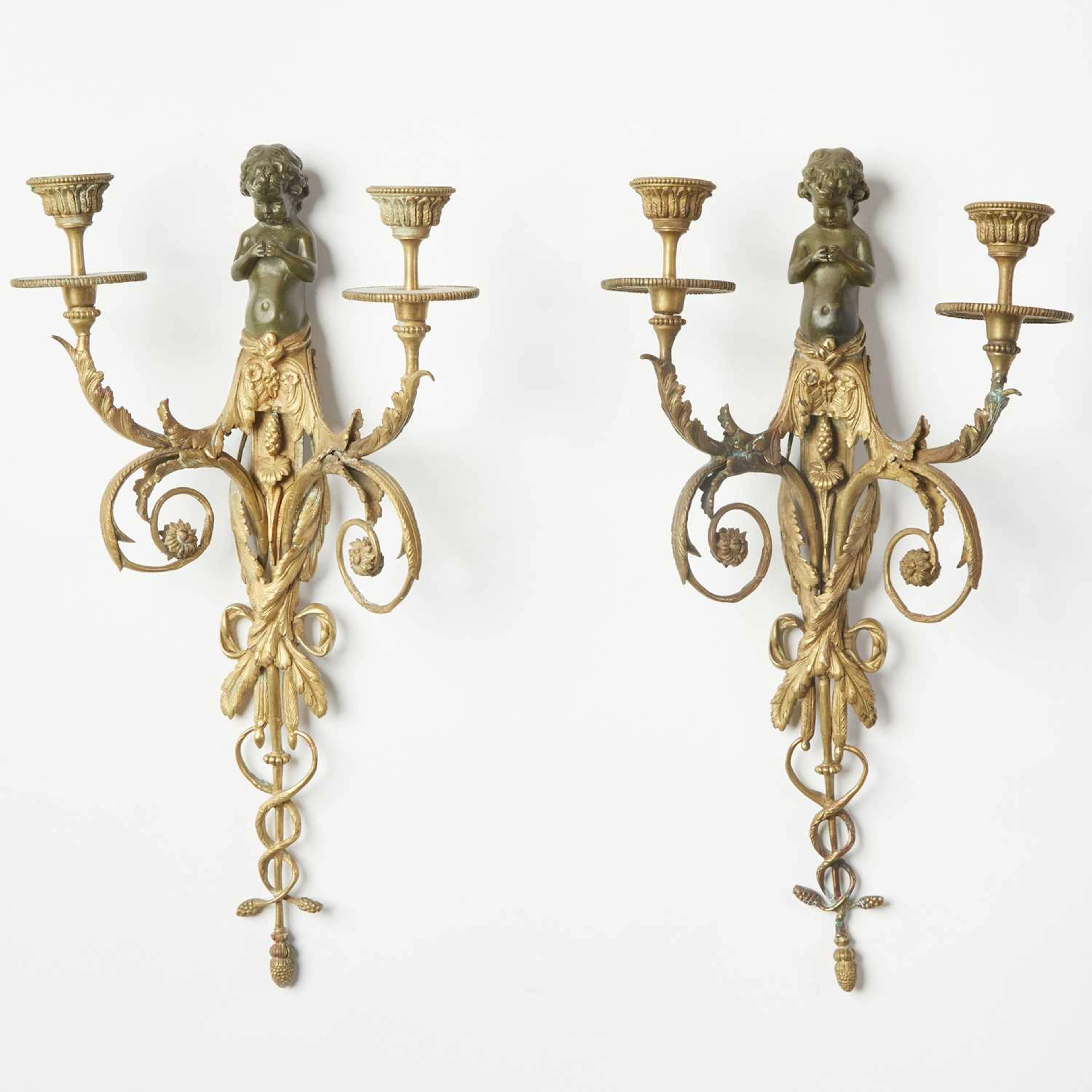 Pair of Louis XVI Style Patinated and Gilt-Bronze Two-Branch Wall-Lights