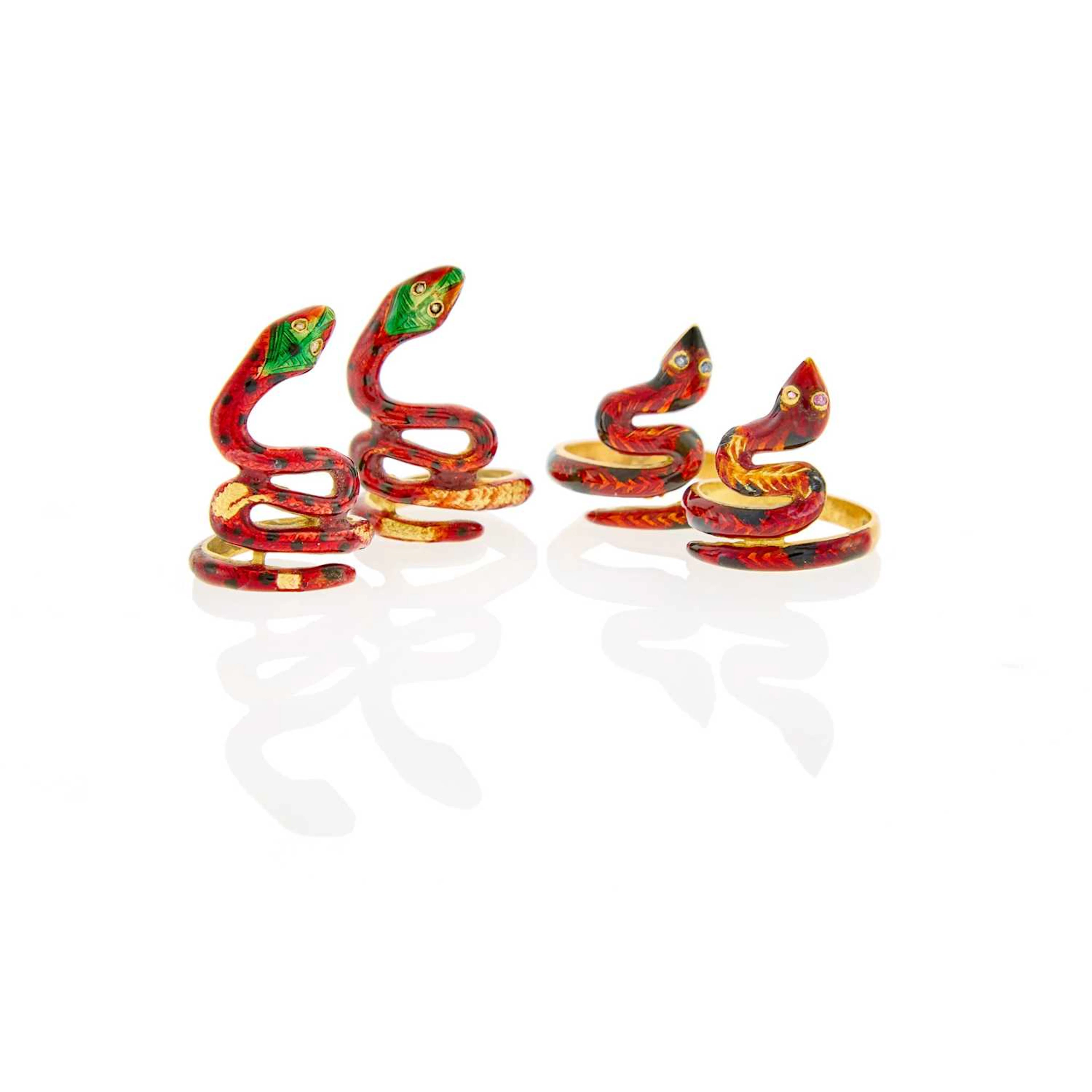 Four Gold and Multicolored Enamel Snake Rings