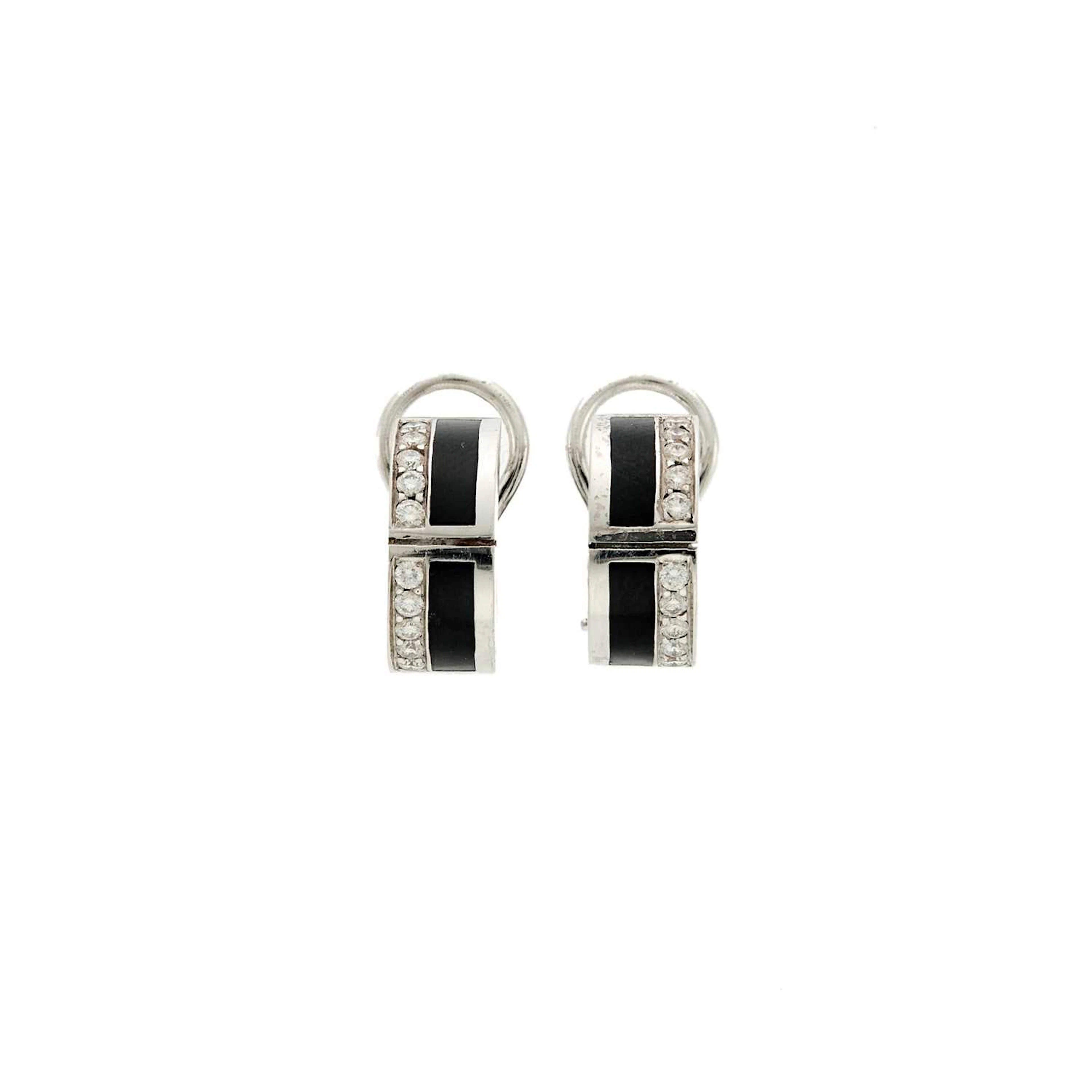 Pair of White Gold, Black Onyx and Diamond Half-Hoop Earrings