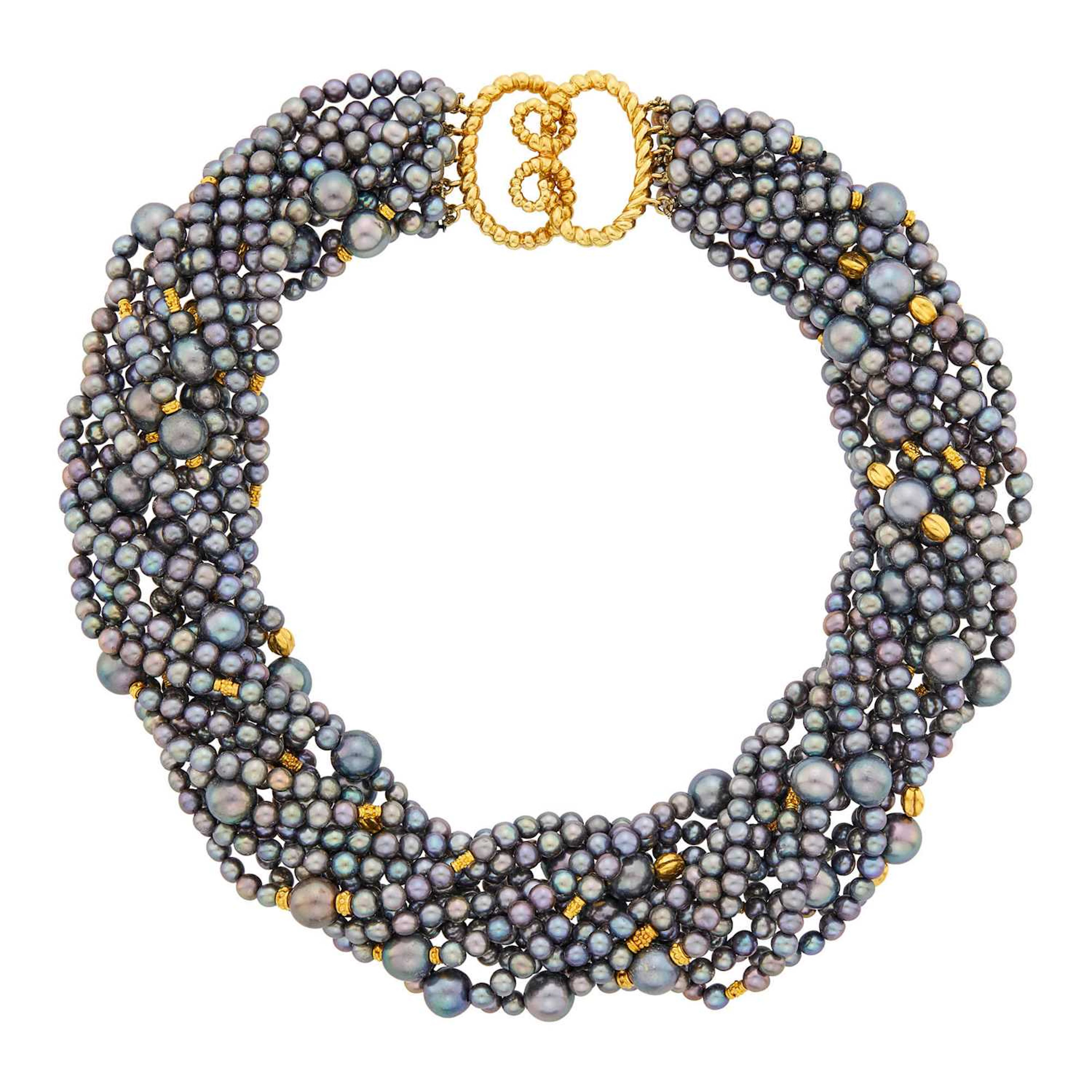 Verdura Thirteen Strand Gray Cultured Pearl and Gold Bead Torsade Necklace