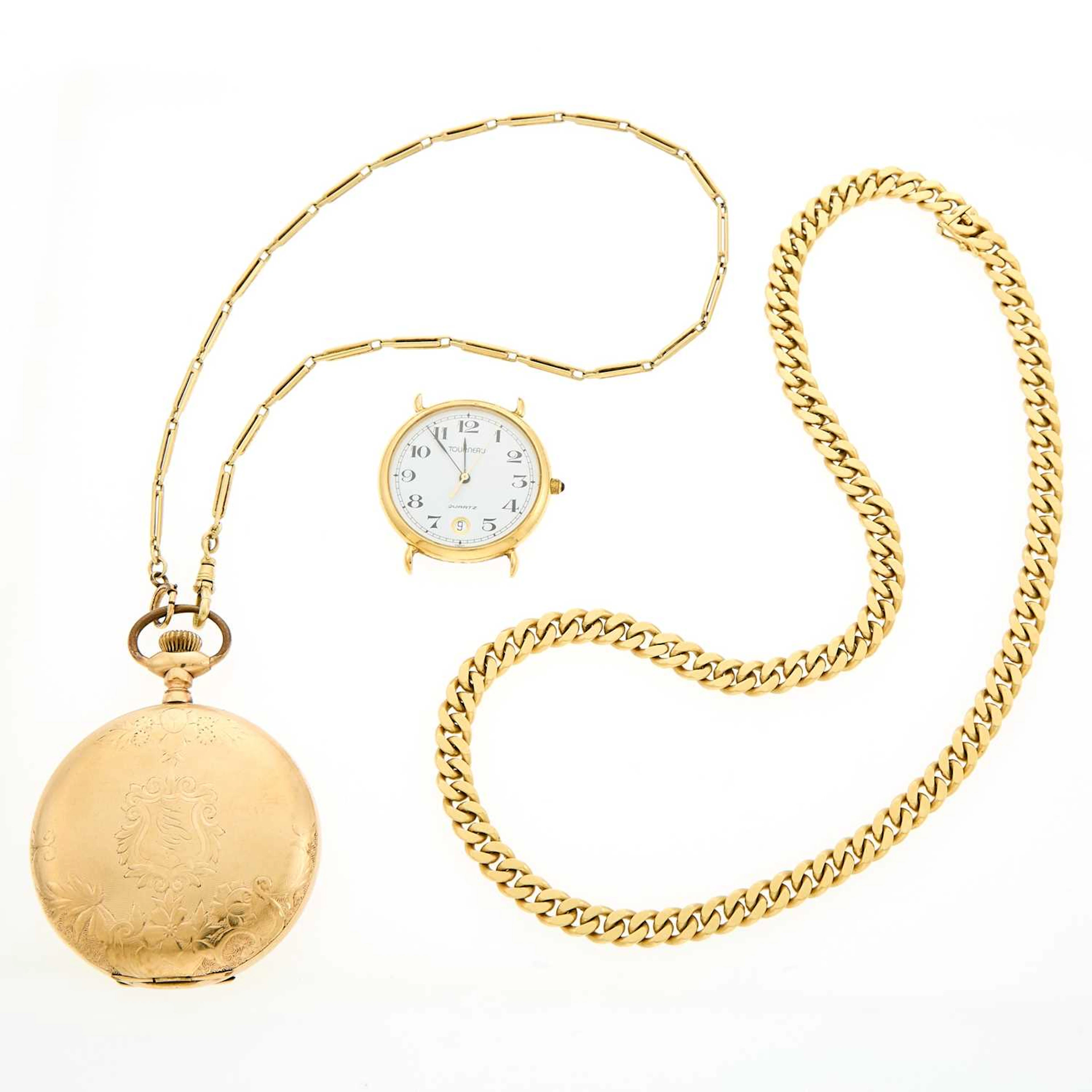 Waltham Gold-Filled Pocket Watch, Tourneau Gilt-Metal Watch Head and Gold Chain