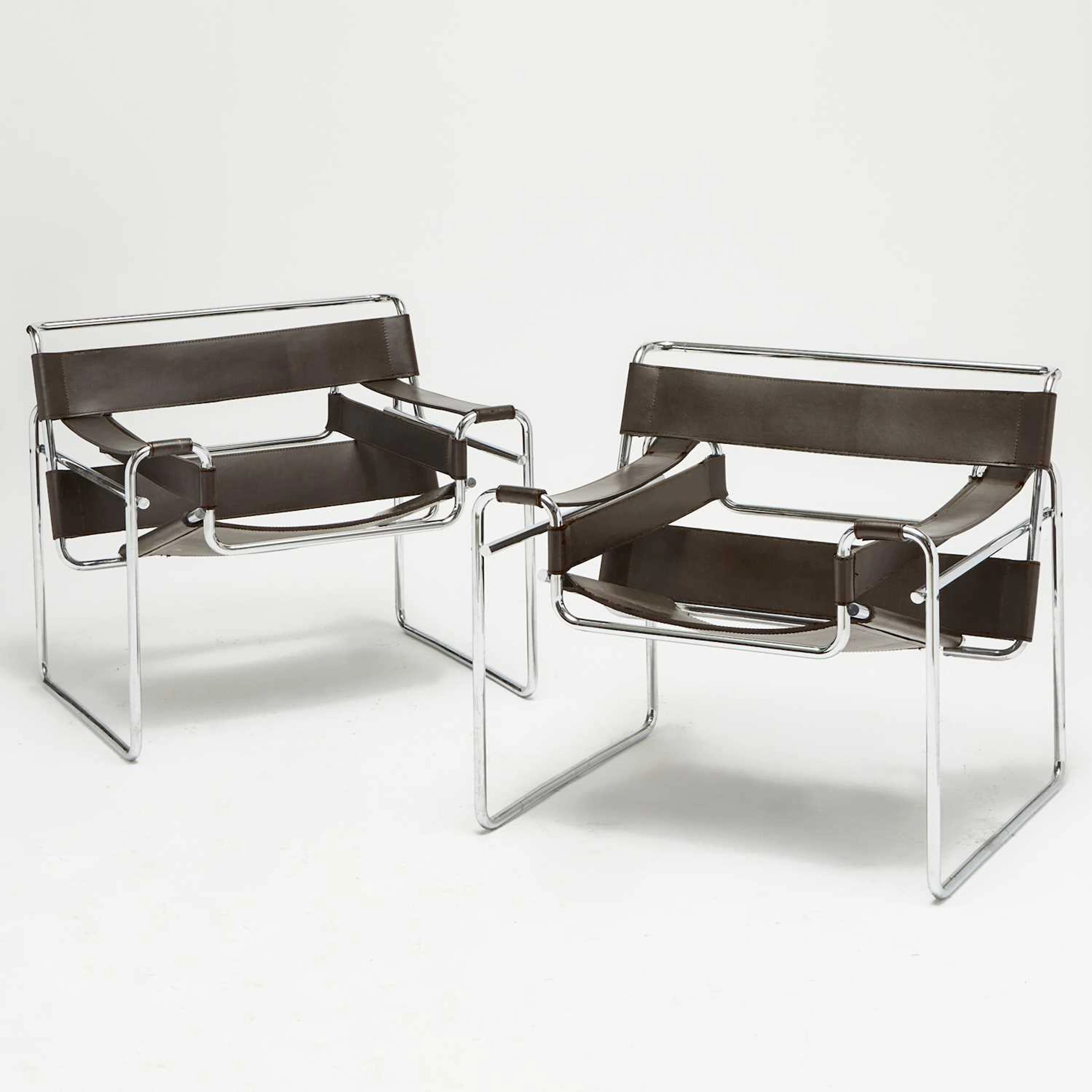 Pair of Marcel Breuer Chromed Metal and Leather "Wassily" Chairs