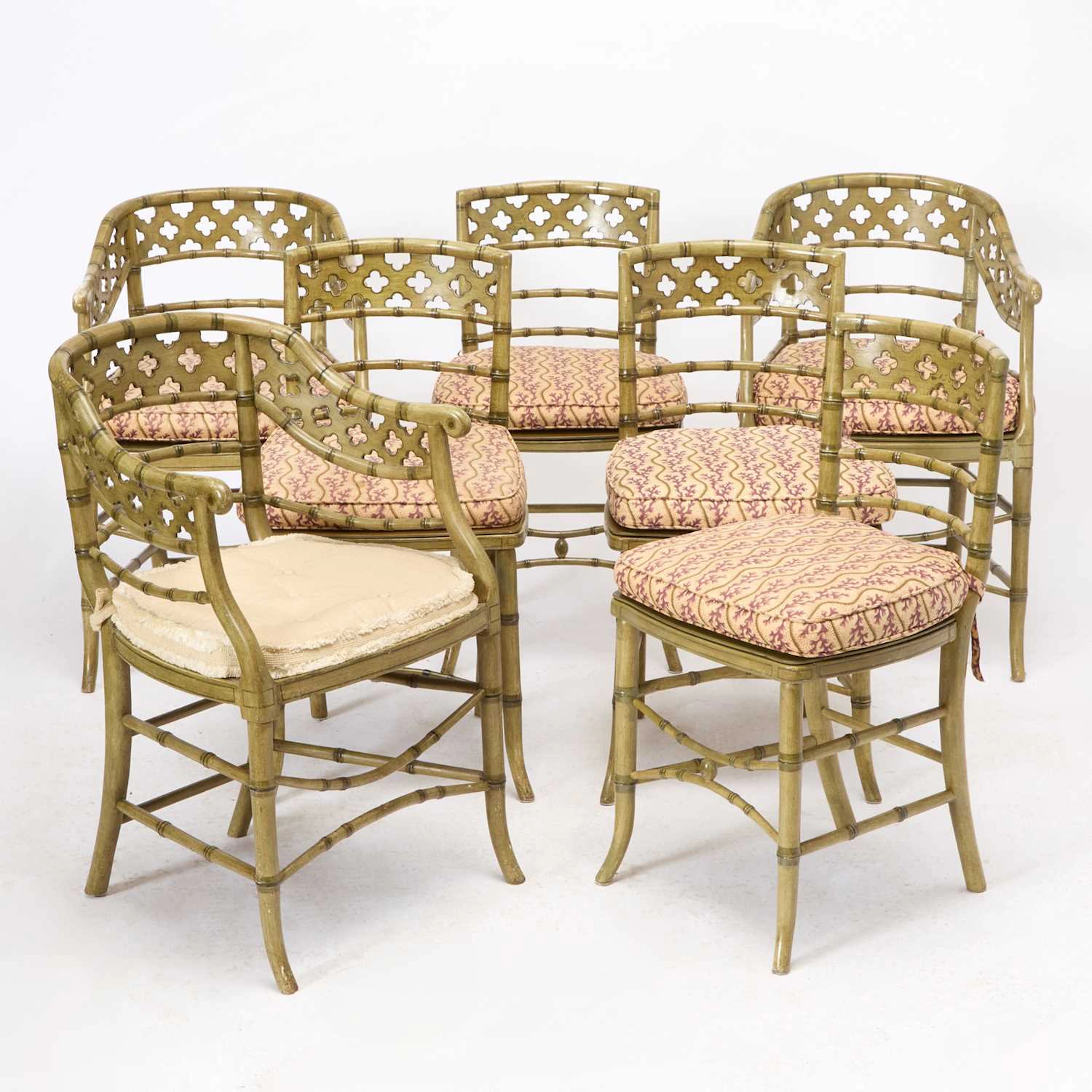 Set of Seven Regency Style Green Painted Faux Bamboo Chairs