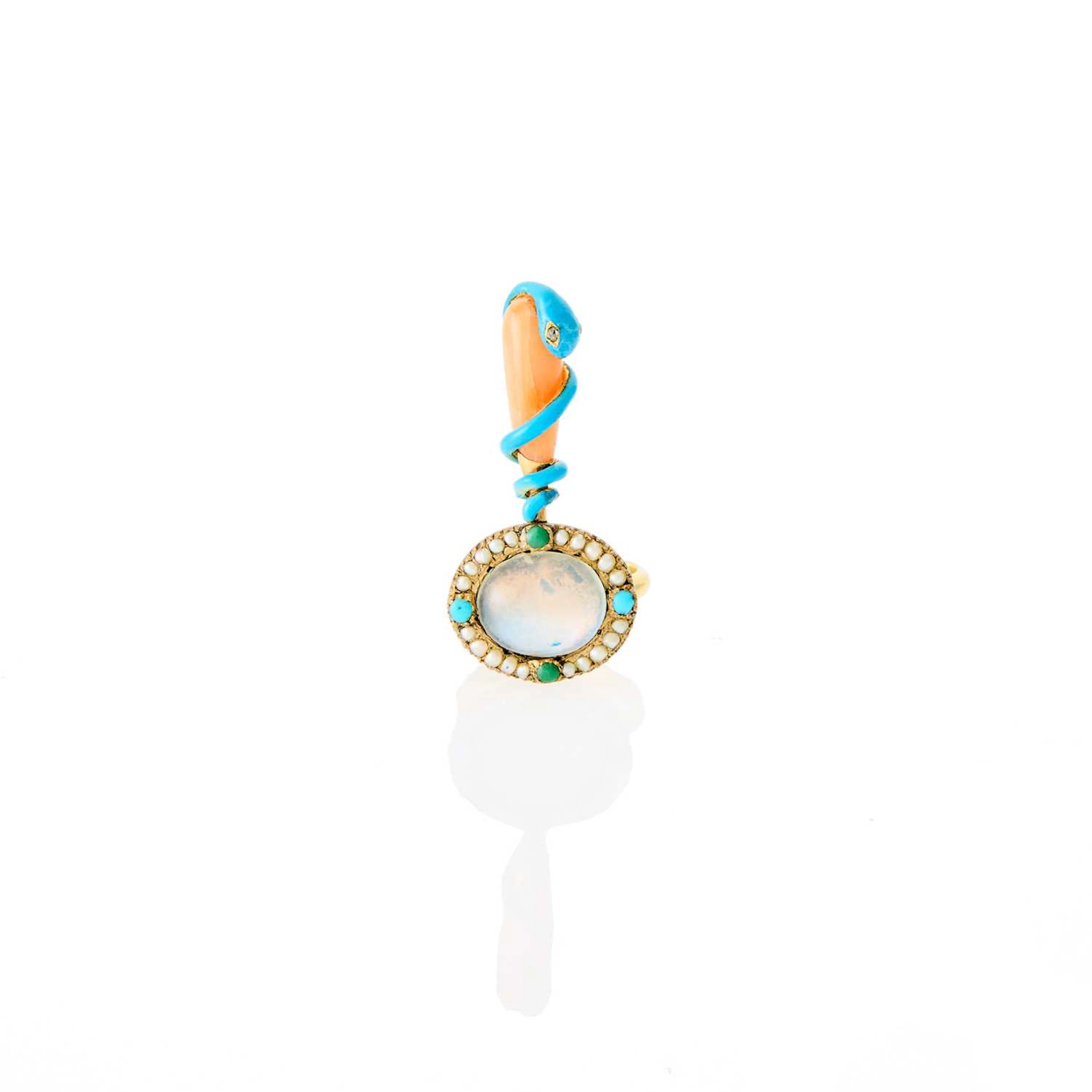 Gold, Gold-Filled, Enamel, Coral, Moonstone, Turquoise and Split Pearl