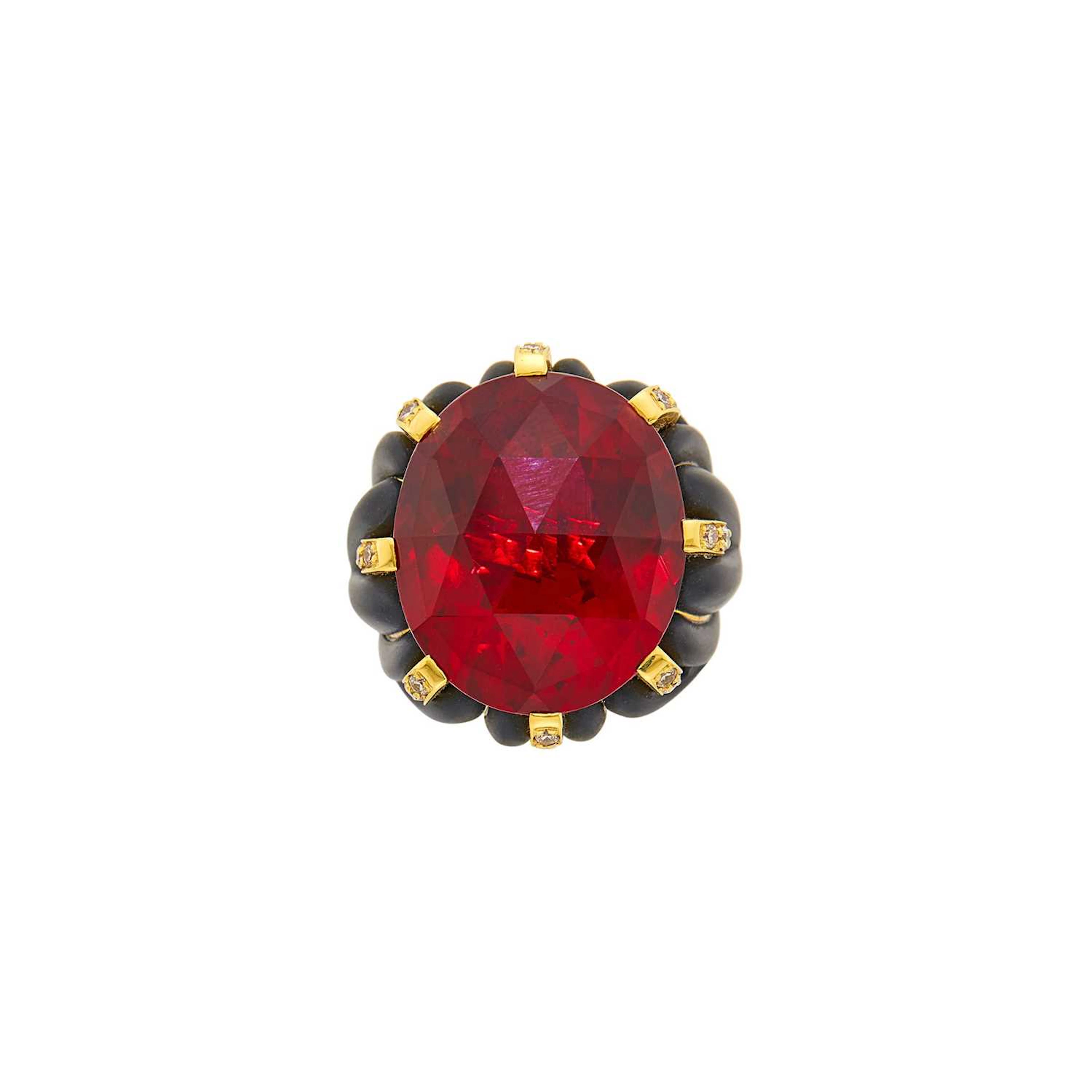 Gold, Red Glass, Obsidian and Diamond Ring