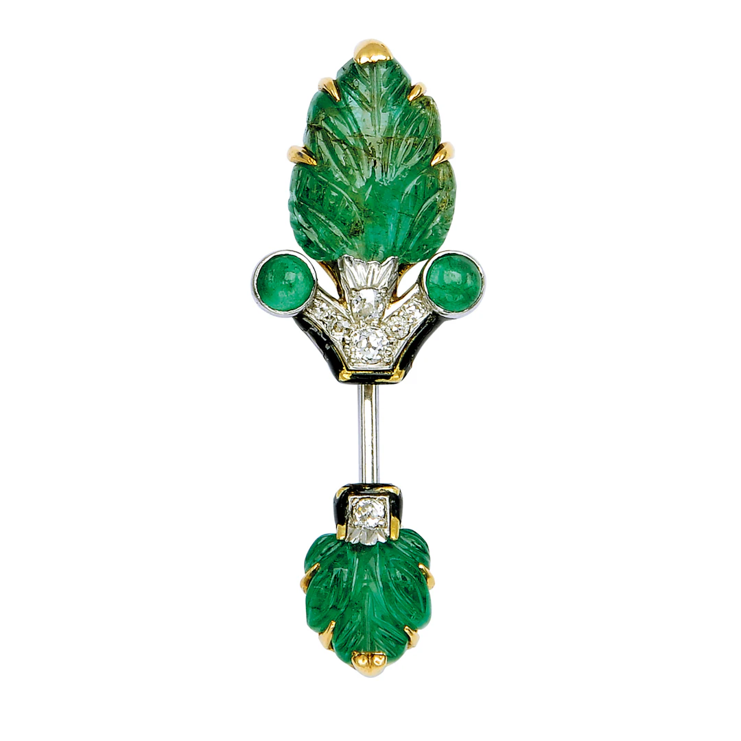 An Art Deco Emerald, Diamond and Enamel Jabot Pin, Cartier, circa 1930