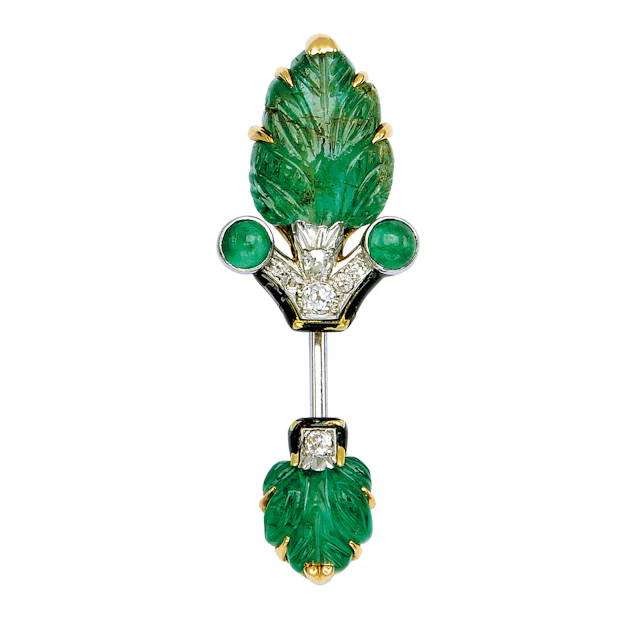 An Art Deco Emerald, Diamond and Enamel Jabot Pin, Cartier, circa 1930