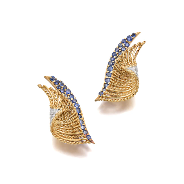 A Pair of Sapphire, Diamond and Gold Ear Clips, Tiffany & Co., circa 1970
