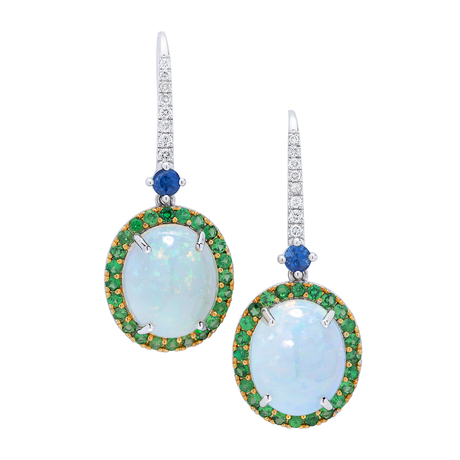 Crystal Opal, Tsavorite Garnet, Sapphire, Diamond and White Gold Ear Pendants